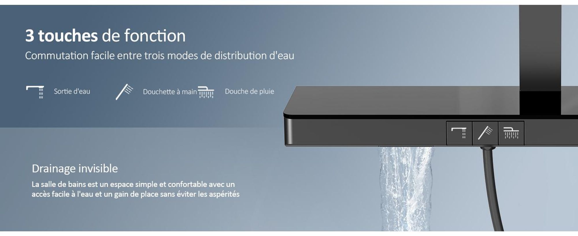 EMKE Système de douche Ensemble de douche de luxe avec thermostat, tablette en verre extra large de 710 mm, douche à effet pluie, robinetterie de salle de bains & douche Noir mat