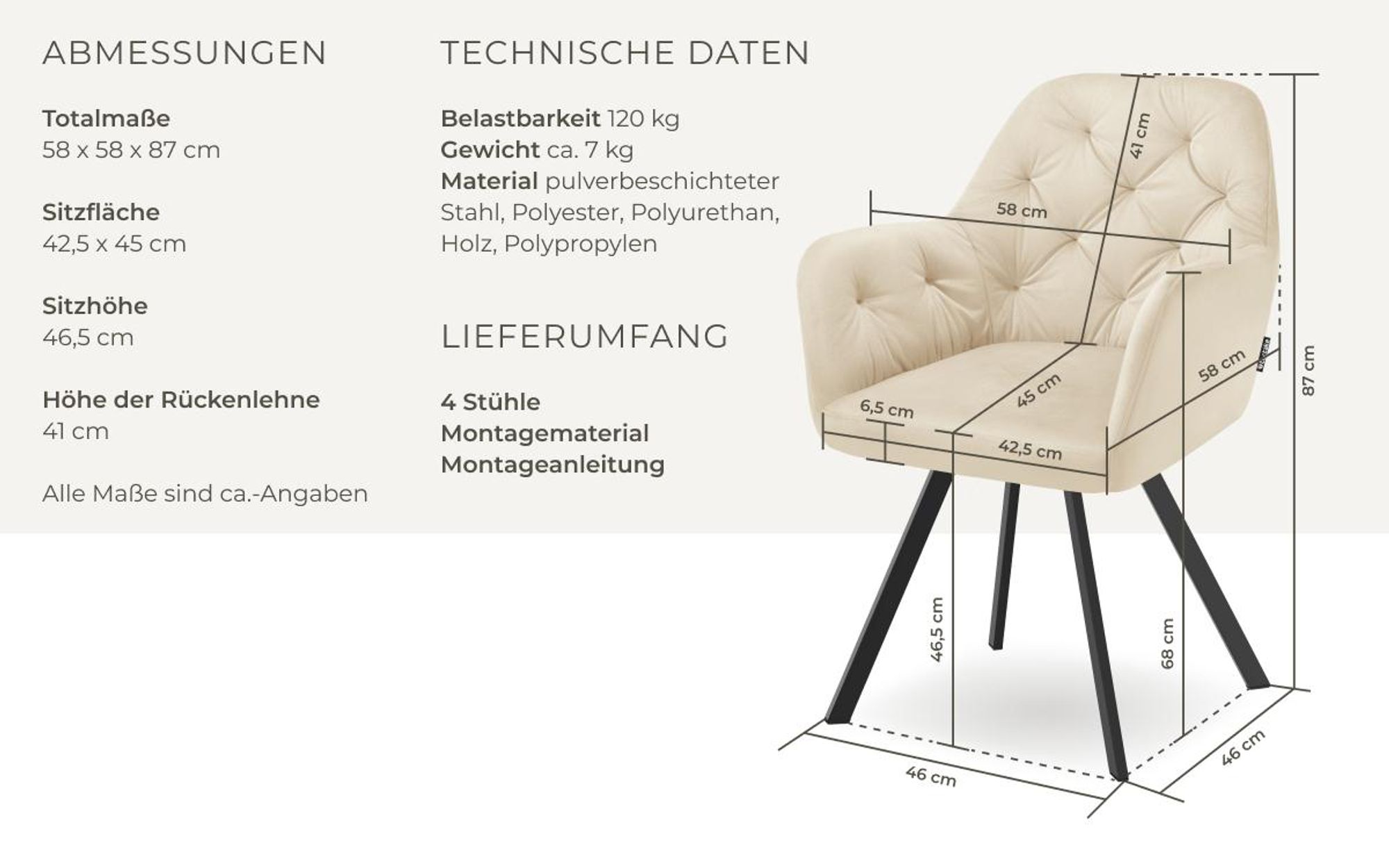 tectake® Drehbarer Samt-Armlehnstuhl Lucia gepolstert, mit Steppmuster 58 x 58 x 87 cm