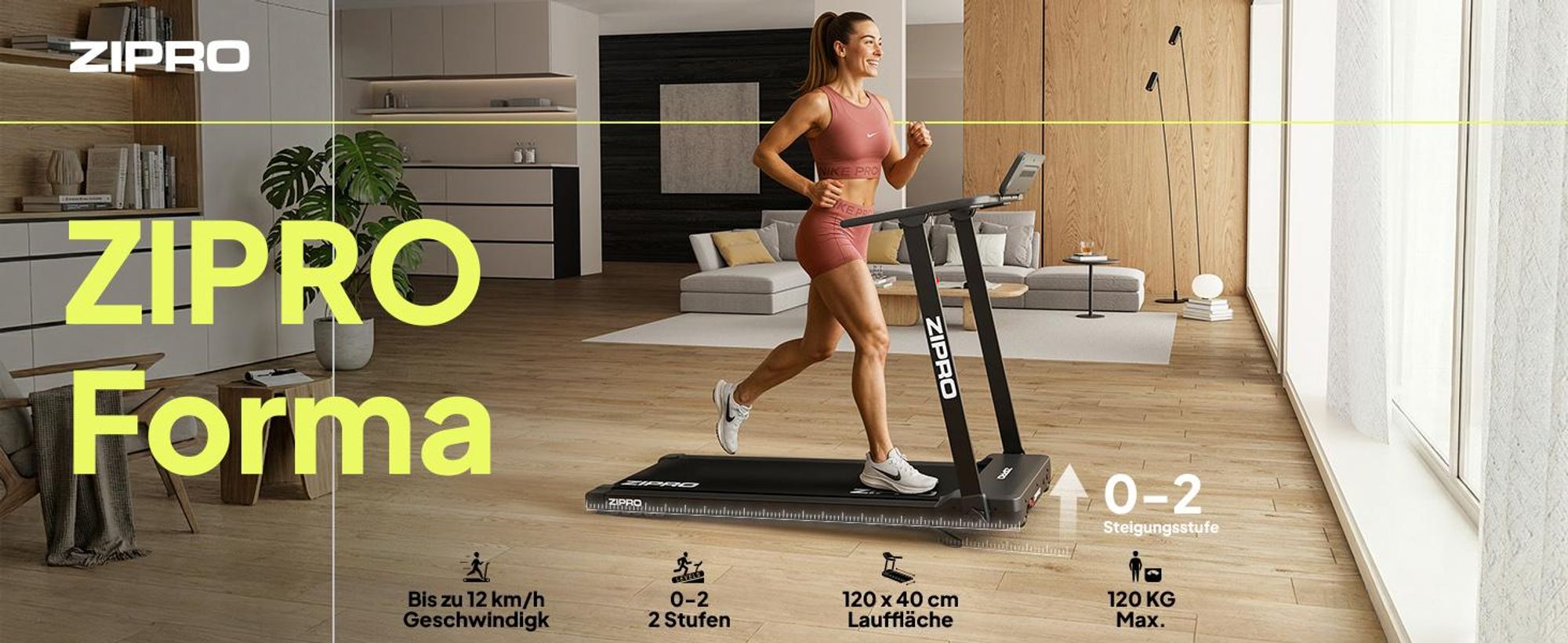 ZIPRO Forma Elektrisches Laufband klappbar – Heimtrainer bis 12 km/h – Platzsparendes FlatFold Design, Zwift & Kinomap Kompatibel, Neigungsverstellung