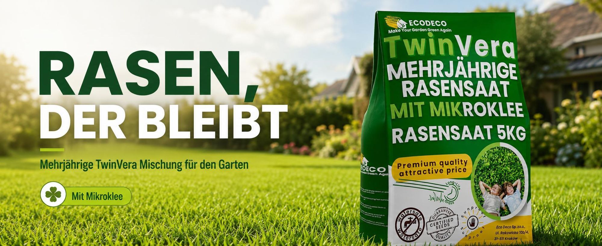EcoDeco Mikroklee Rasenmischung mit Mikroklee, Rasen mit Mikroklee, mehrjährige Grassamen für Sonne und Halbschatten, 5 kg