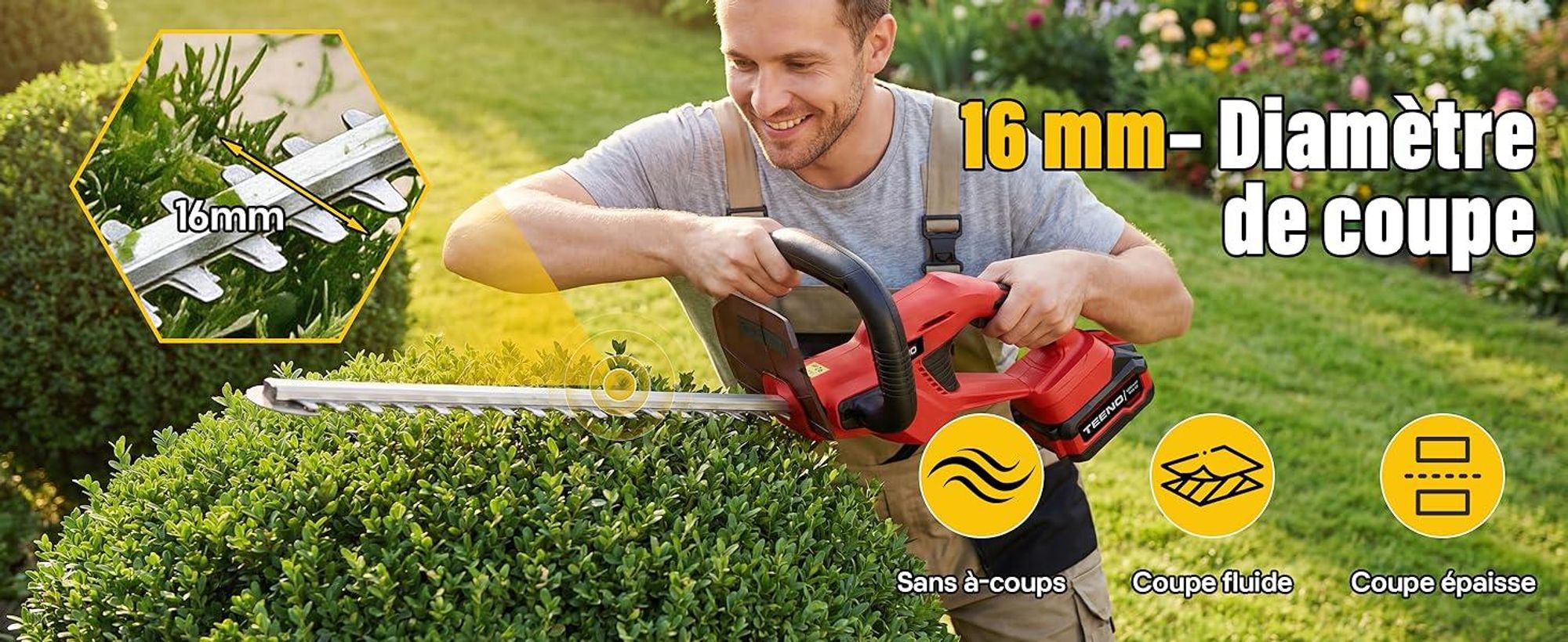 TEENO Heckenschere Akku 20 V: Elektrische Heckenschere mit 1 Akku 4000 mAh, Klinge 52 cm, Schnitt 16 mm, 180° drehbarer Griff, für Garten, Hecken
