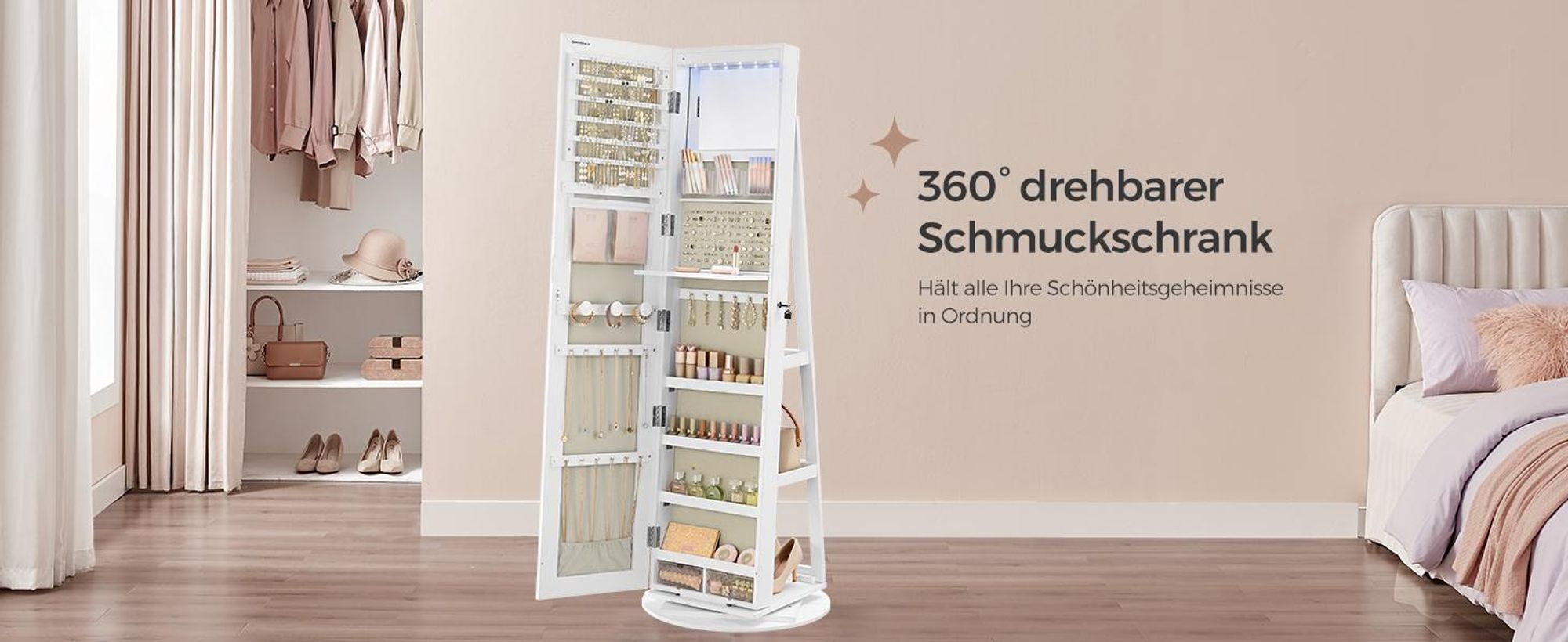 SONGMICS Schmuckschrank mit LED und Spiegel, 3 Ablagen, 360° drehbar, weiß
