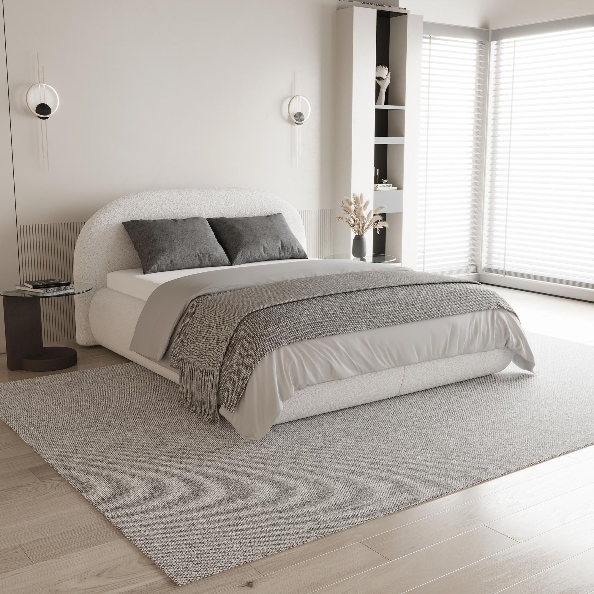 Polsterbett MOTTI in Schlafzimmer-Arrangement, Seitenansicht mit gepolstertem Kopfteil