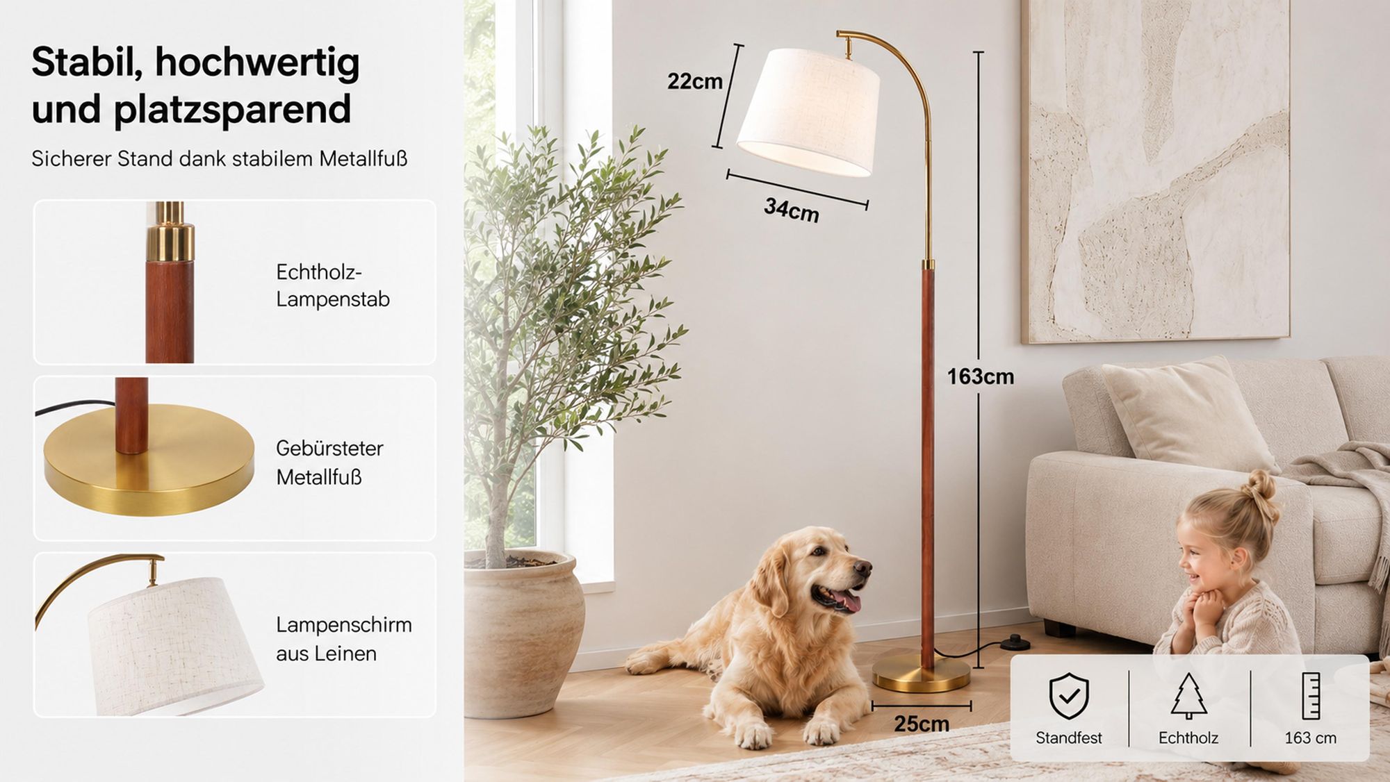 RGB Stehlampe Led Dimmbar aus Massivholz, 170cm, RGB+CCT, Smart App & Fernbedienung, Music Sync, Schwanenhals Leselampe Schlafzimmer Wohnzimmer Büro