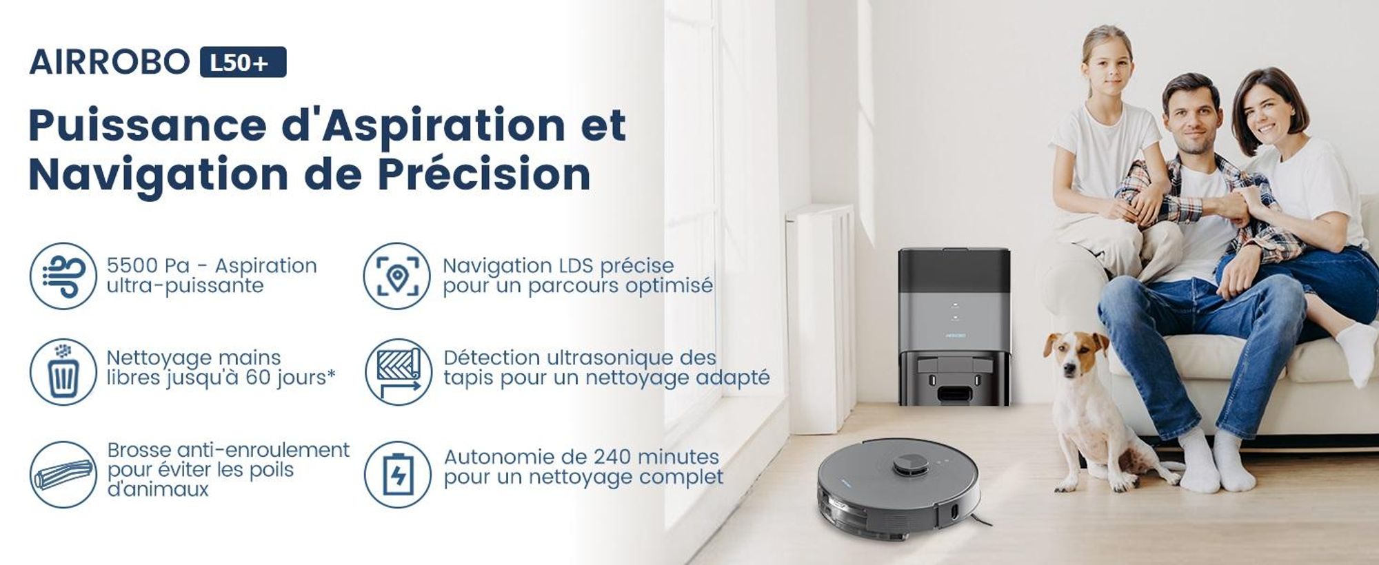 Robot aspirateur AIRROBO L50+ avec fonctions d'aspiration et de lavage, puissance d'aspiration de 10 000 Pa, autonomie de 240 minutes