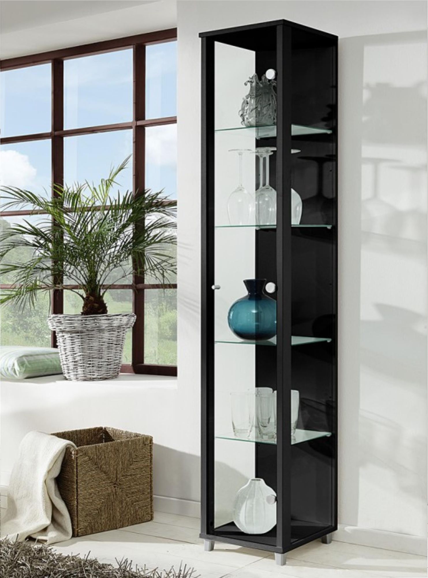 freiraum Glasvitrine OPTIMA – schmale Standvitrine mit ESG-Glastür