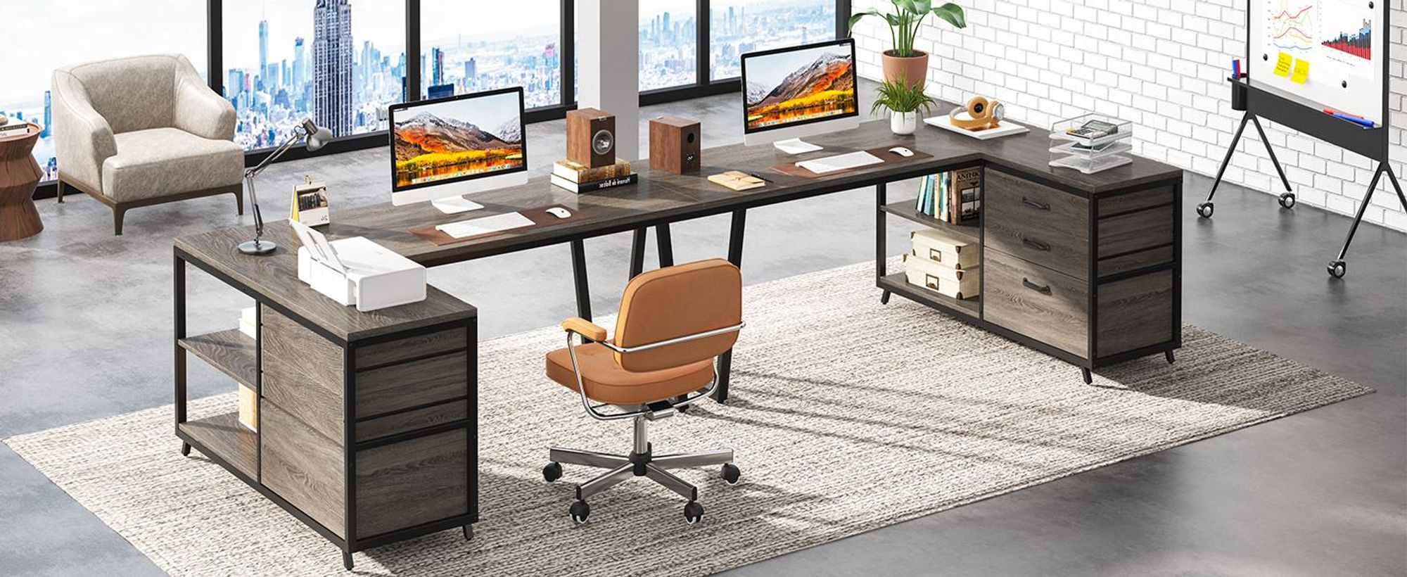 Tribesigns L-förmiger Schreibtisch mit 3 Schubladen, wendbarer Eckschreibtisch Heimbüro, Computertisch mit Regalen,134 cm, Industrie-PC-Schreibtisch