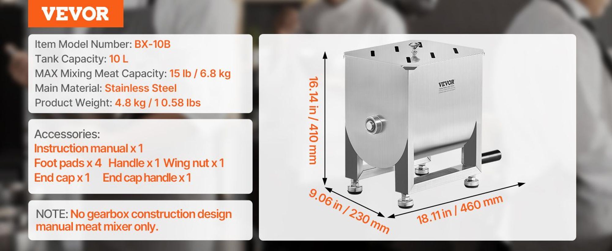 VEVOR Handbetriebs Fleischmischer, 80L Festtank Fleischverarbeitungsgerät (Maximale Mischung 80LBS für Fleisch), Edelstahl Fleischmischer, Wurstmischmaschine mit Deckel, Handgetriebe, Hackfleisch Handmischer, 10 L Ohne Getriebe