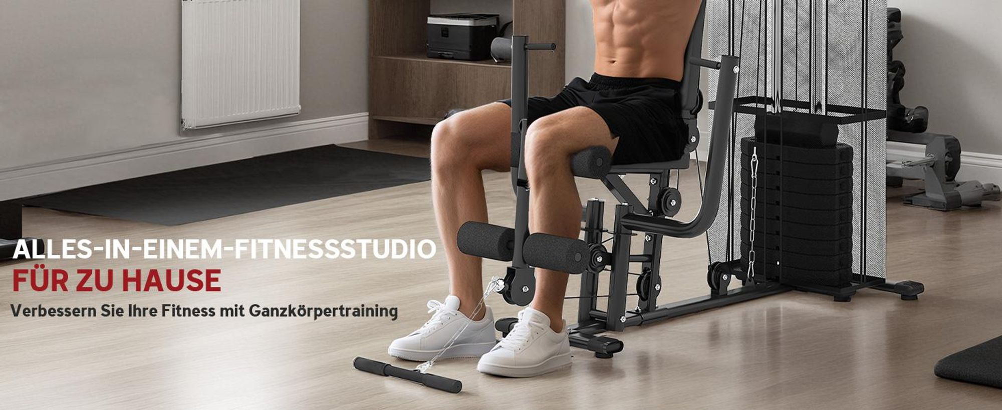 HOMCOM Gym Kraftstation mit Stahlnetz Fitnessstation Multigym Fitnesscenter Fitnessgerät inkl. 45 kg Gewichten Latzug Beincurl Metall Kunstleder