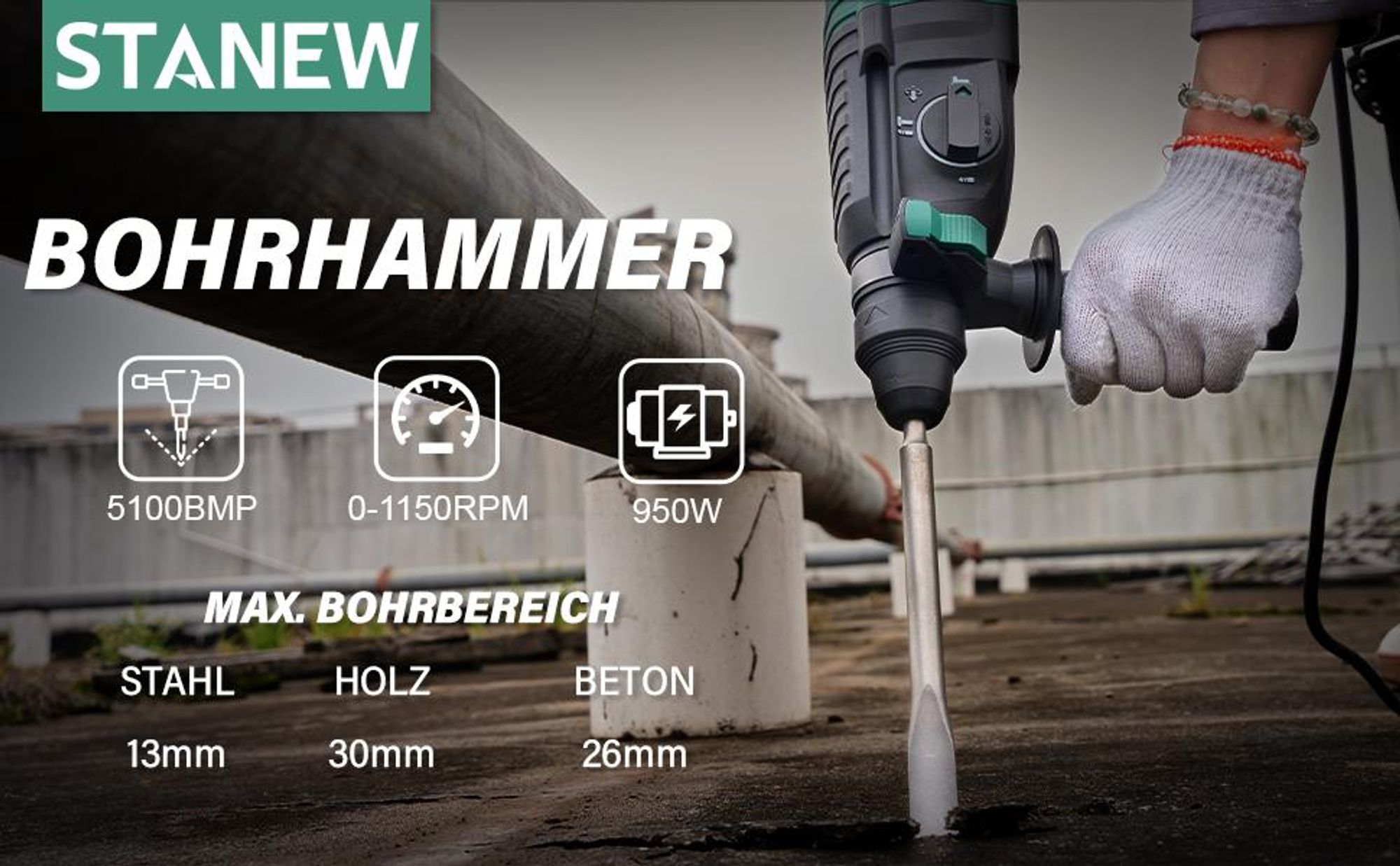 STANEW Bohrhammer 950 W kabelgebundener SDS-Plus mit 16 Zubehörteilen, 0–1150 U/min/5100 BPM Schlagbohrmaschine mit 4 Funktionen und Sicherheitskupplu