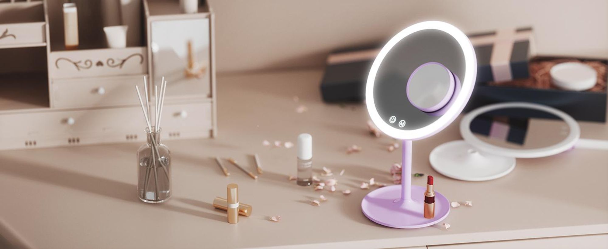 EMKE LED Kosmetikspiegel mit 3 Lichtfarben, 1/3x Vergrößerung, Touchschalter und Memory-Funktion, Lupe für Badezimmerspiegel(Violett)