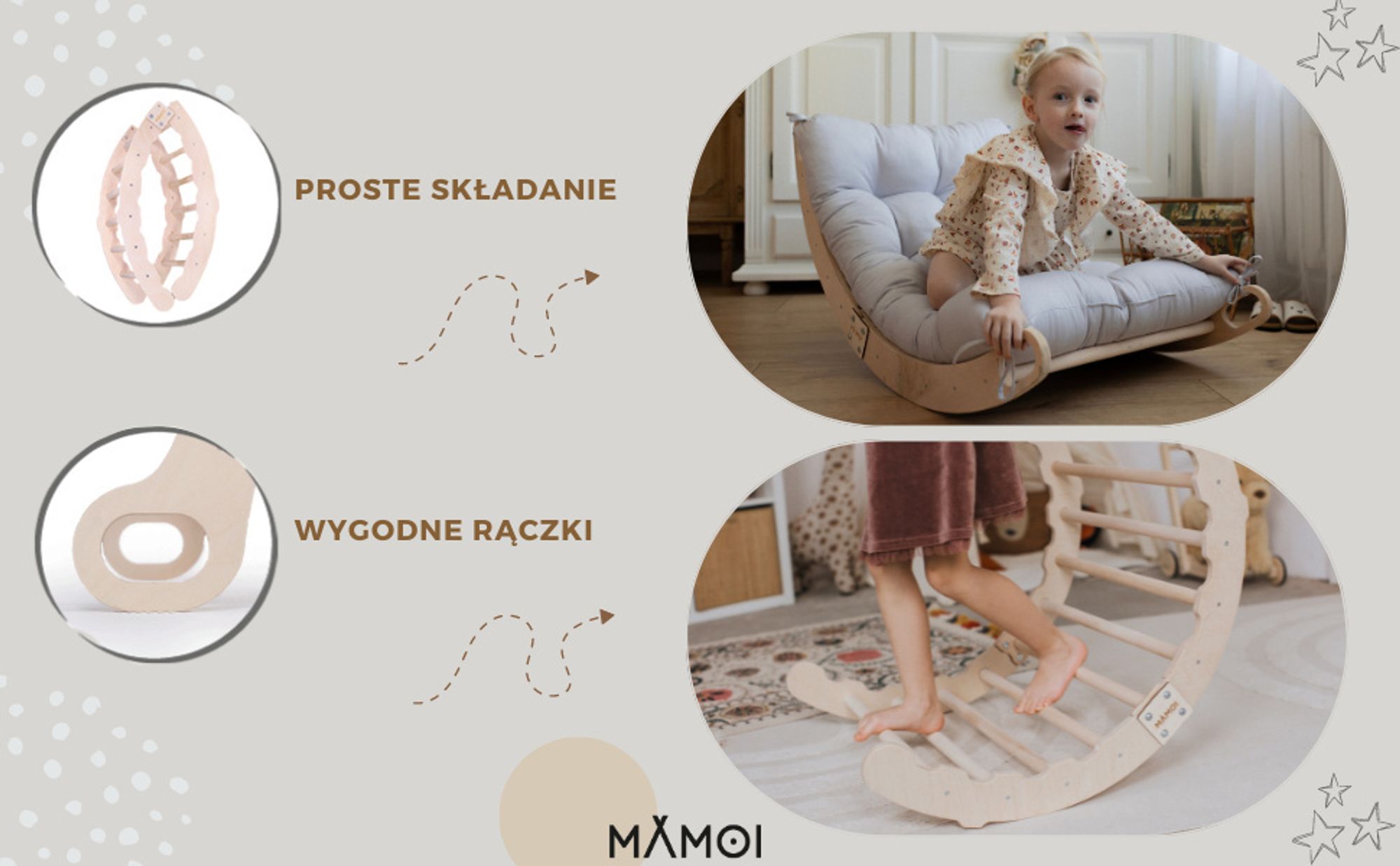 MAMOI® Bujak drewniany dla dzieci | Drewniana kołyska Drewniana drabinka do bujania z naturalnego drewna | Wielofunkcyjny bujak montessori Wspinaczka