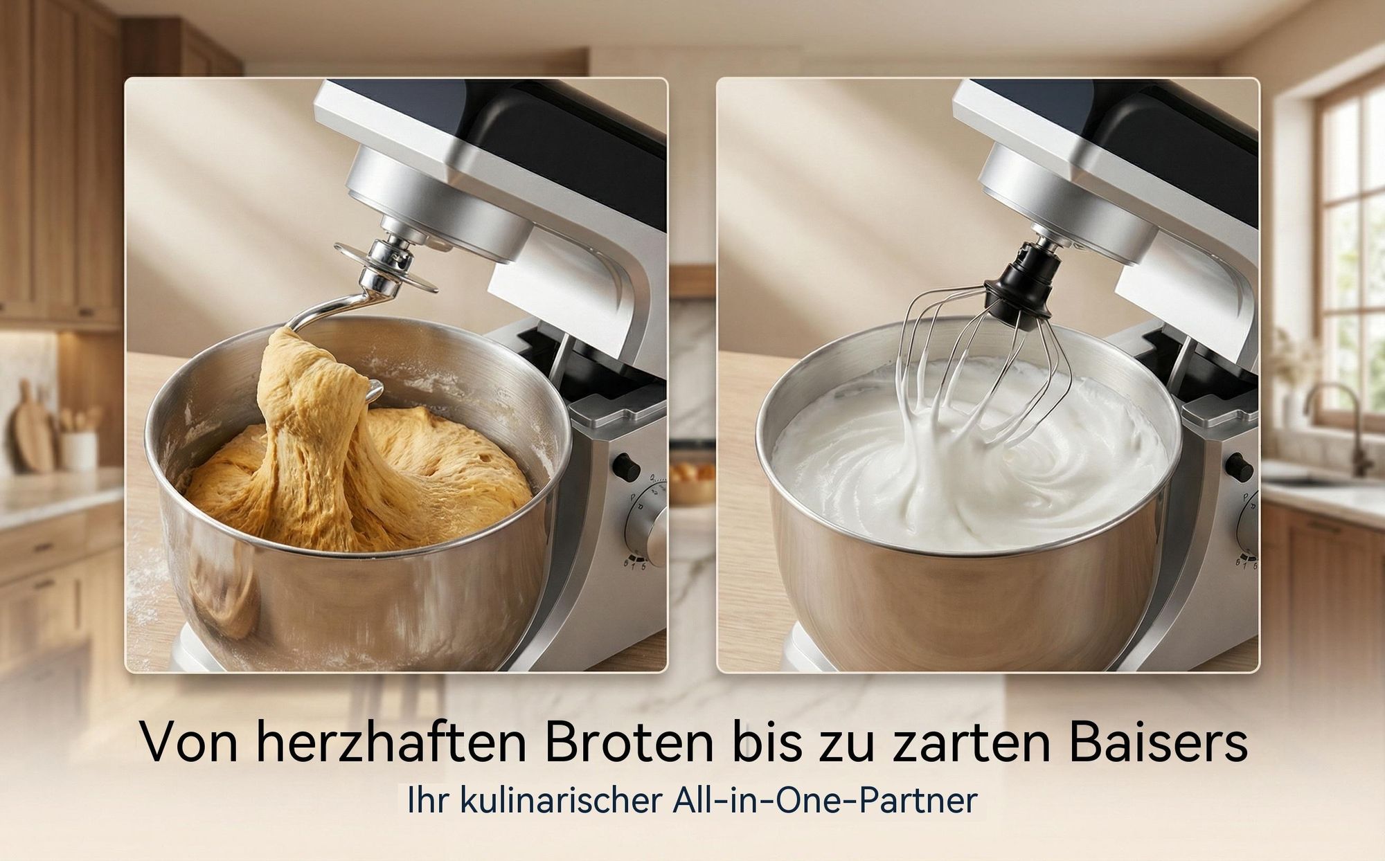 Küchenmaschine mit 6L Edelstahl-Rührschüssel inkl. Rührhaken, Knethaken, Schneebesen und Spritzschutz, 8 Geschwindigkeiten