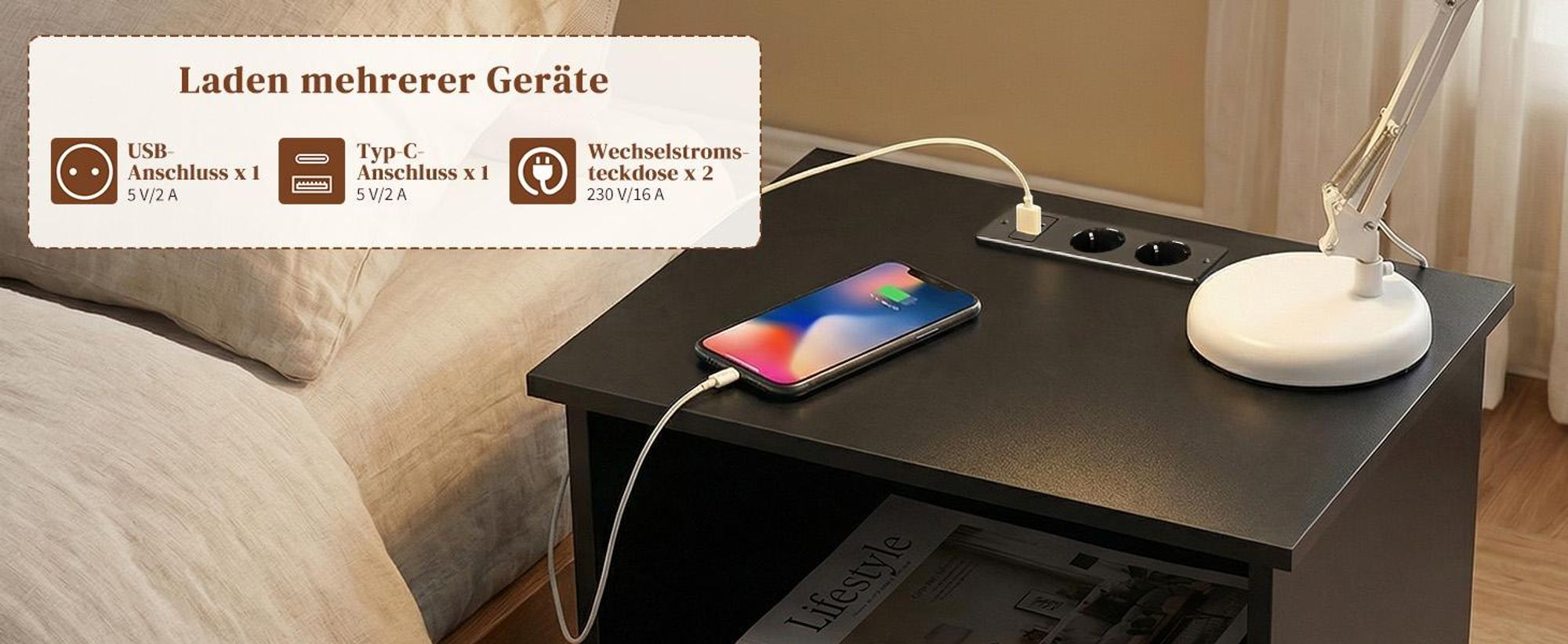 FCH Nachttisch, Beistelltisch mit Ladestation mit offenem Fach, 2 Schubladen, 40 x 30 x 60 cm, Schwarz