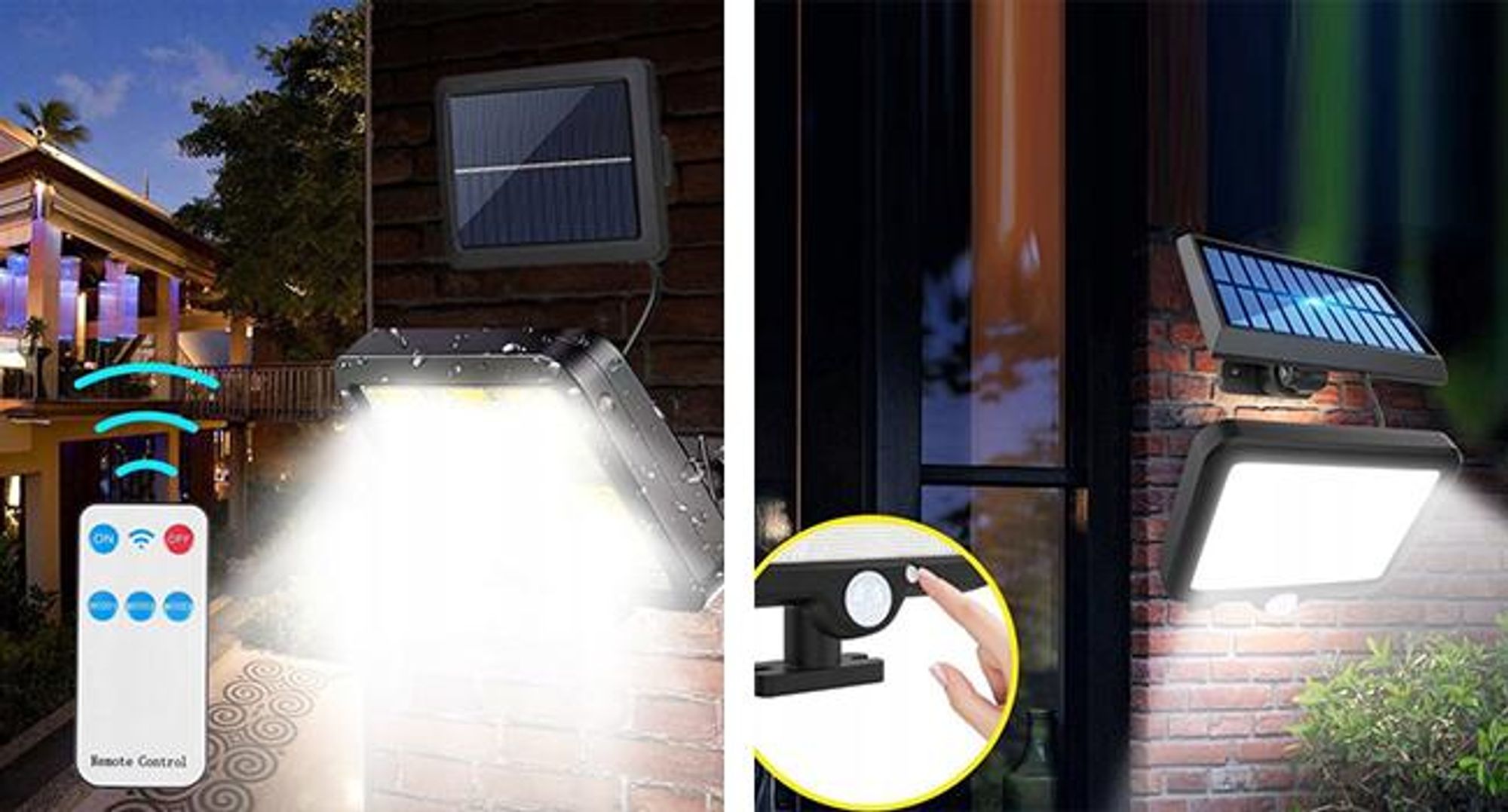 KRUMAD Solarleuchte Außen 120 COB 400 lm mit Bewegungsmelder & Dämmerungssensor, 3 Modi, IP65, Fernbedienung, Solarpanel mit 5 m Kabel