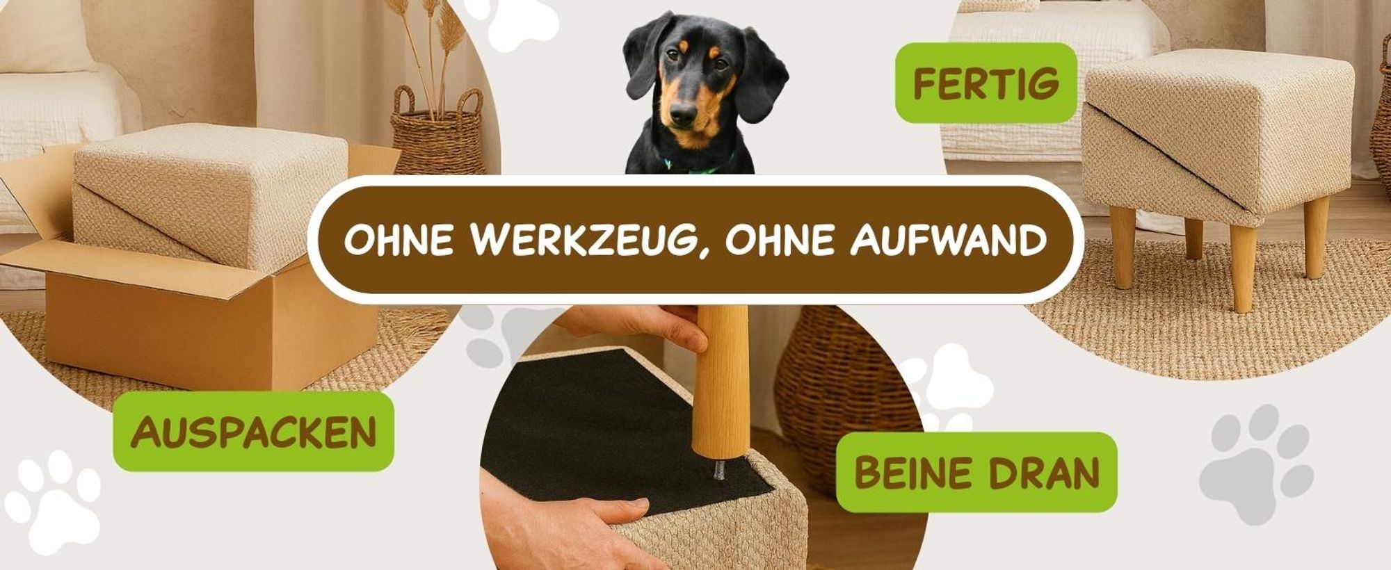 Outentin Hundetreppe Klappbar 36 cm – Weiche, Rutschfeste Tiertreppe für Sofa & Bett – Stabil, Leise & Pflegeleicht, Möbeloptik – Beige