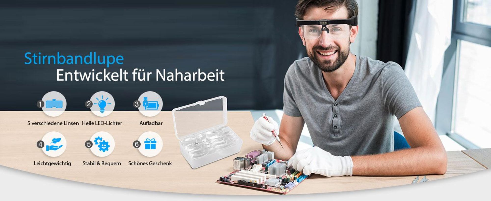 Lupenbrille mit Licht, LED Kopflupe, Kopfbandlupe, Stirnlupe, Brillenlupe, 5 Linsen 0.75-1.25-2-3-4X, für Reparatur Juweliere Nähen Handwerk
