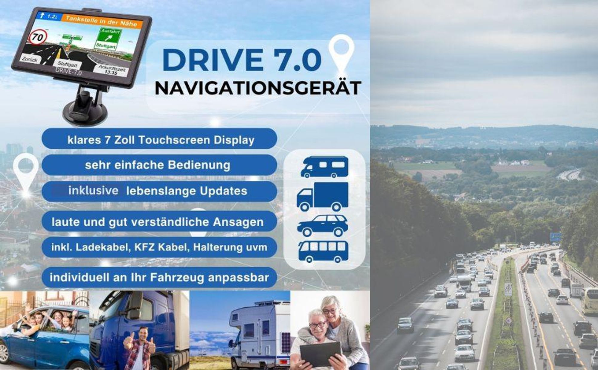 Navigationsgerät mit 7-Zoll-Display und Halterung Navigation für PKW, LKW Wohnmobile