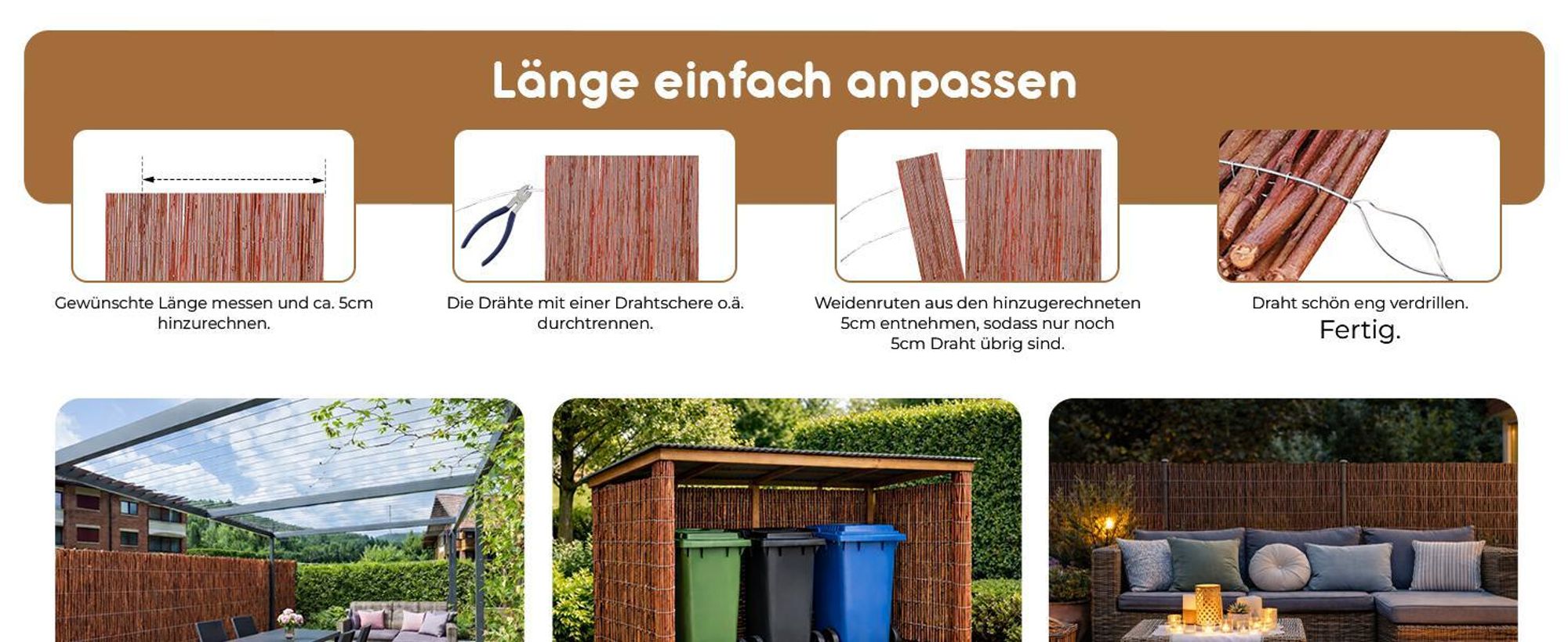Weidenmatte 160x500 cm mit Kabelbindern · 18 Größen · Sichtschutzmatte für Garten, Balkon und Terrasse · Balkonsichtschutz
