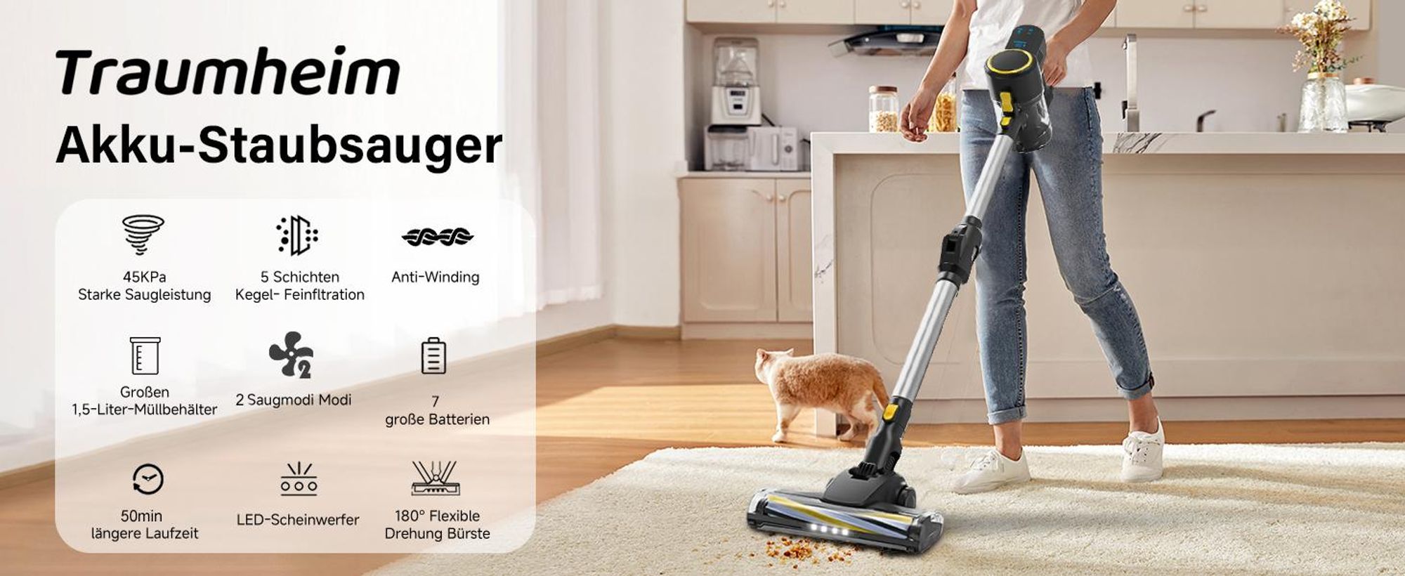 Authmic Akku Staubsauger 40000Pa/450W/100 Min Mit 2 Austauschbaren Akku, 4 HEPA-Filter, 1,6 L Staubbehälter Für Teppich, Hartboden - Kabelloser Akkusauger