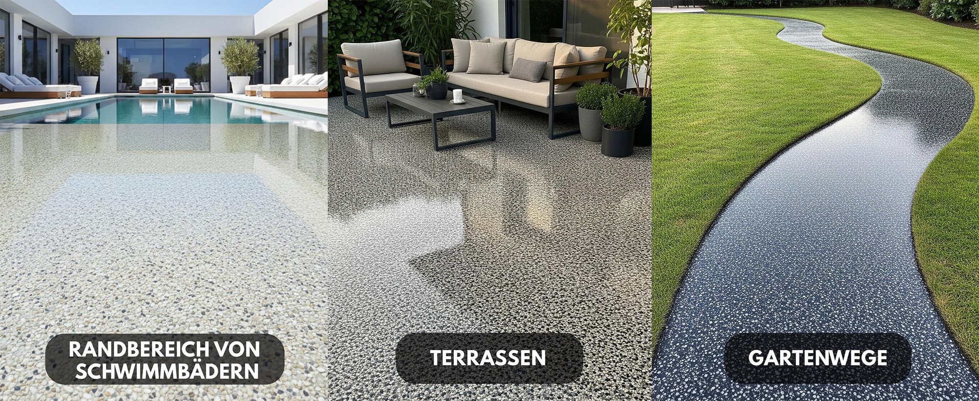 Moderne Steinbeschichtung für Poolränder, Terrassen und Gartenwege mit edler Optik.