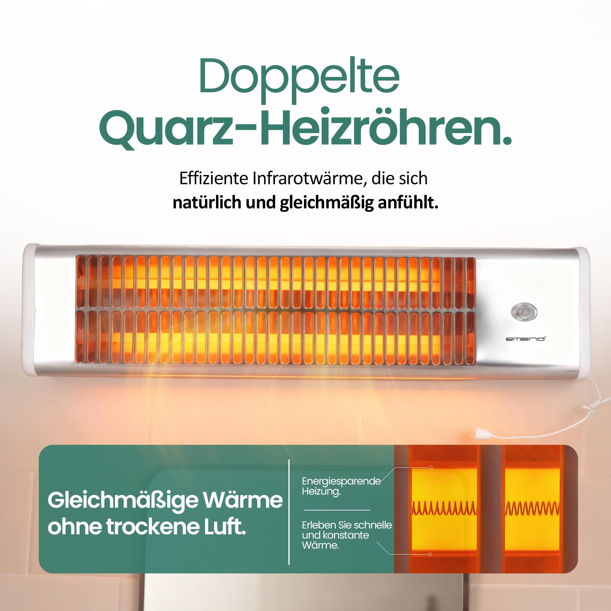 Emerio Quarz-Wandheizung QH-104263.6 – Bis 18 m² – Quarz-Heizelement – 2 Heizstufen – Zugschalter – Wandmontage – 1,4m Kabellänge – 1200W