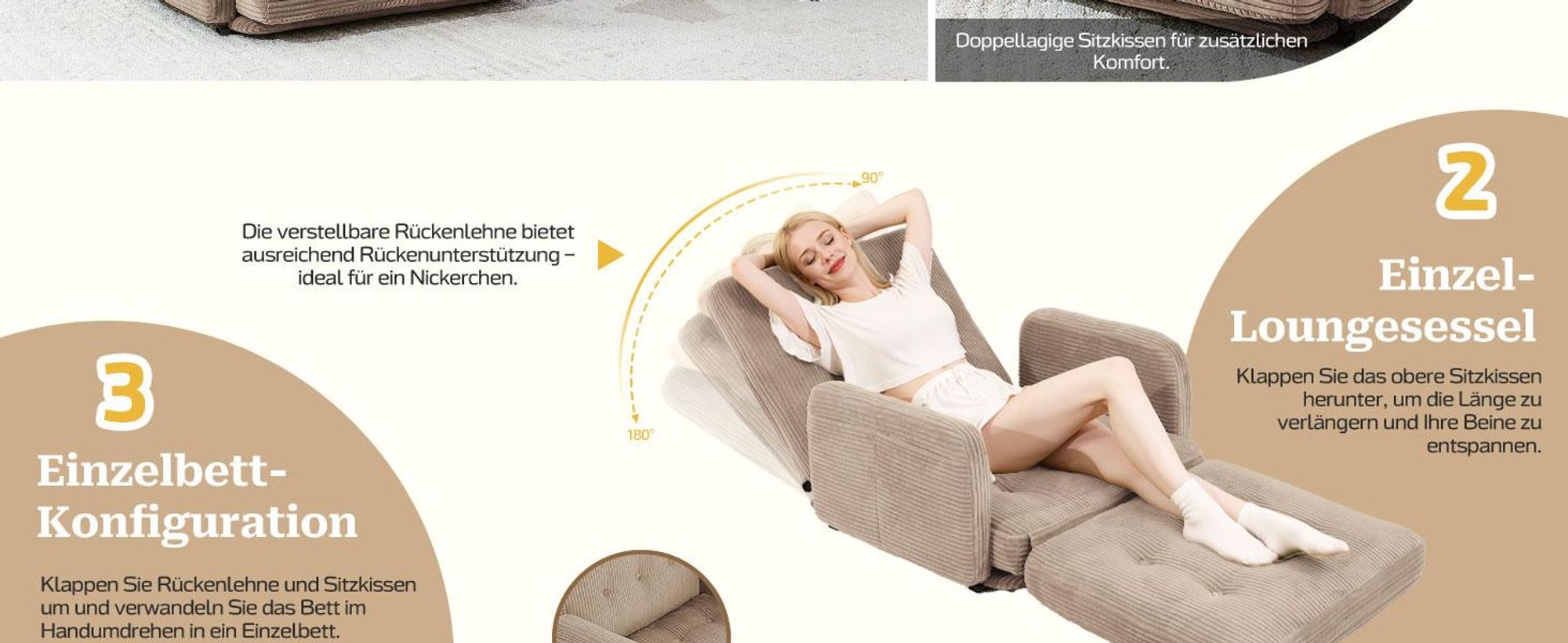 Faltbares 4-in-1 Sofa Bett, Klappbares Schlafsofa & Gästebett, Relaxsessel mit Schlaffunktion, Sitzsack Alternative für Wohnzimmer, Schlafzimmer Khaki