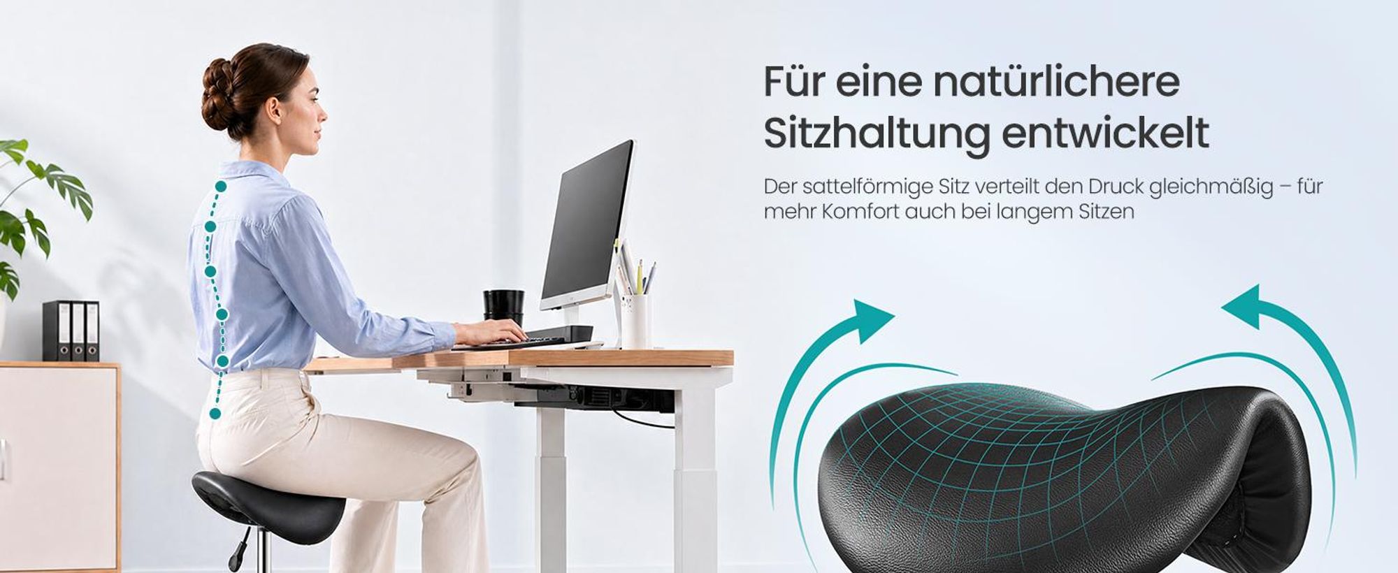 SONGMICS Sattelhocker, Ergonomischer Rollhocker aus Kunstleder, Höhenverstellbar, 56 x 56 x 45-61 cm, Schwarz