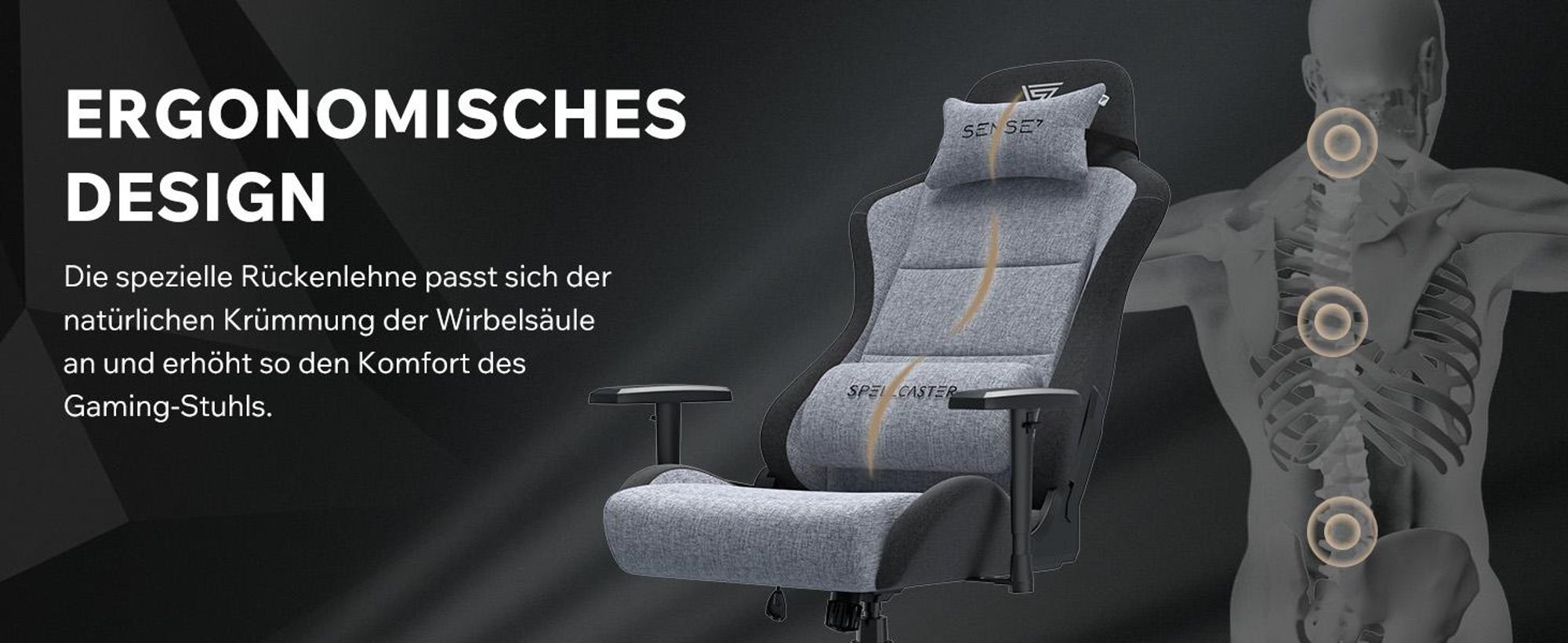 SENSE7 Gamingstuhl Spellcaster FUKU XL Stoff Grau Schwarz - Ergonomischer Bürostuhl Schreibtischstuhl bis 160 kg Wippfunktion Rollen für Hartboden