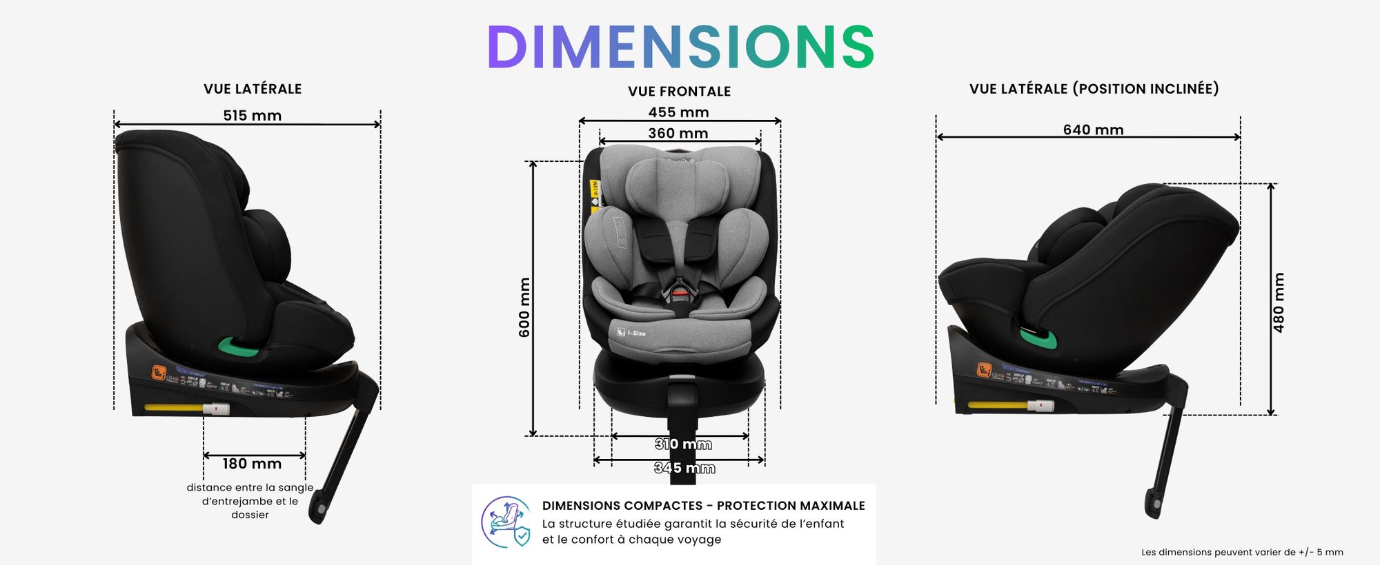Schéma des dimensions du siège auto avec vue de face, de profil et en position inclinée