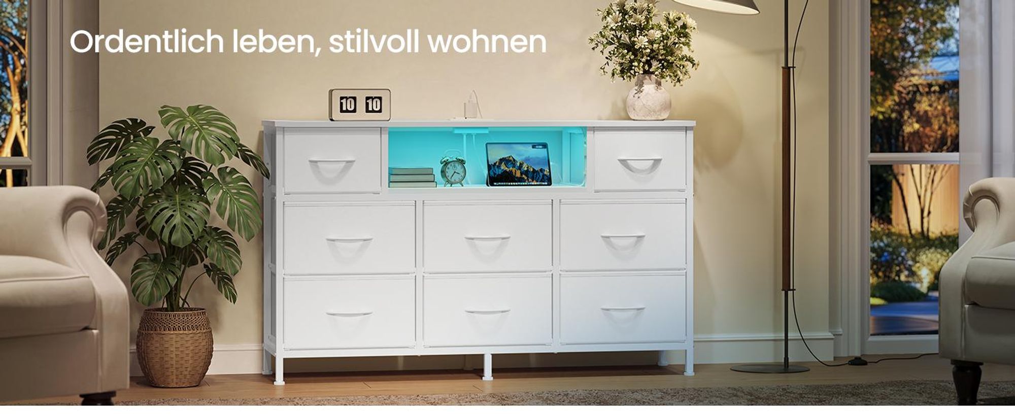 SONGMICS Kommode mit 8 Stoffschubladen, TV-Schrank mit LED und Steckdosen, 113,8 x 30 x 68,1 cm, Weiß