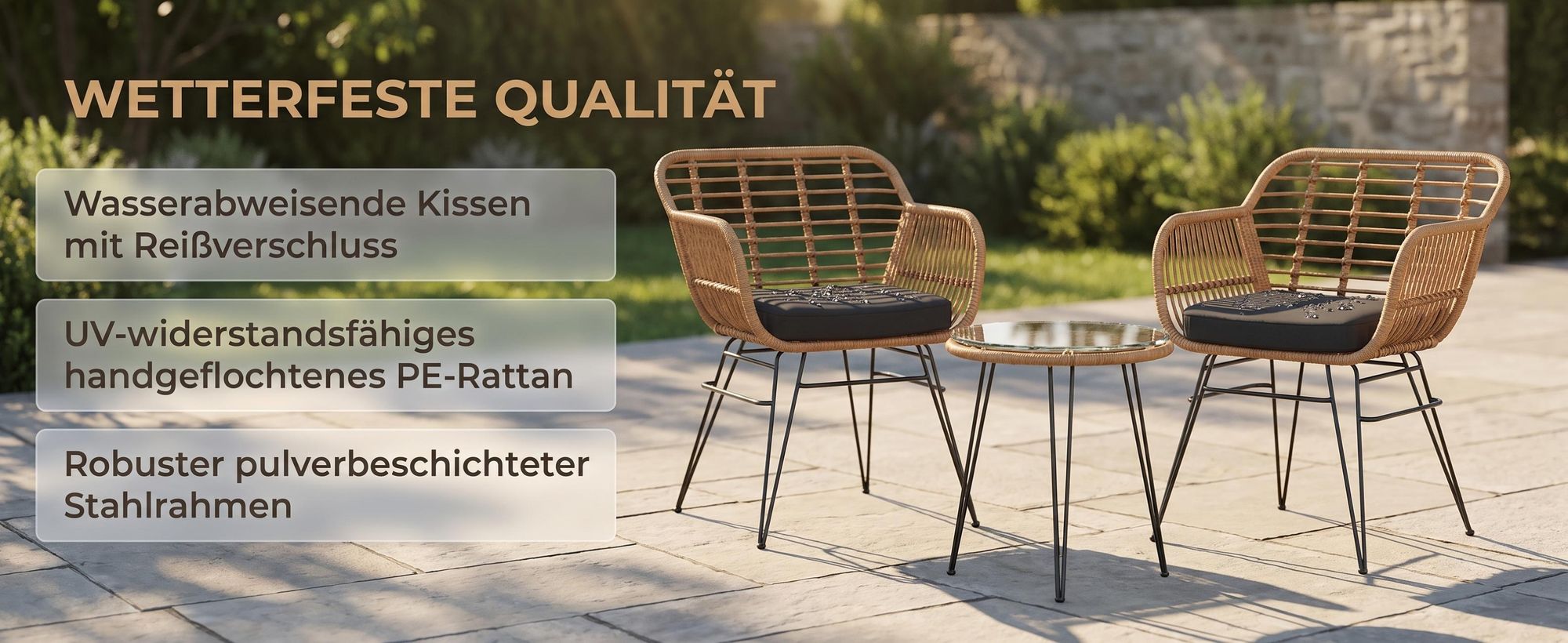Polyrattan Balkonmöbel Set 3-teilig, Gartenmöbel, Glastisch & 2 Stühlen, wetterfest, UV-beständig, rostfrei, Terrasse
