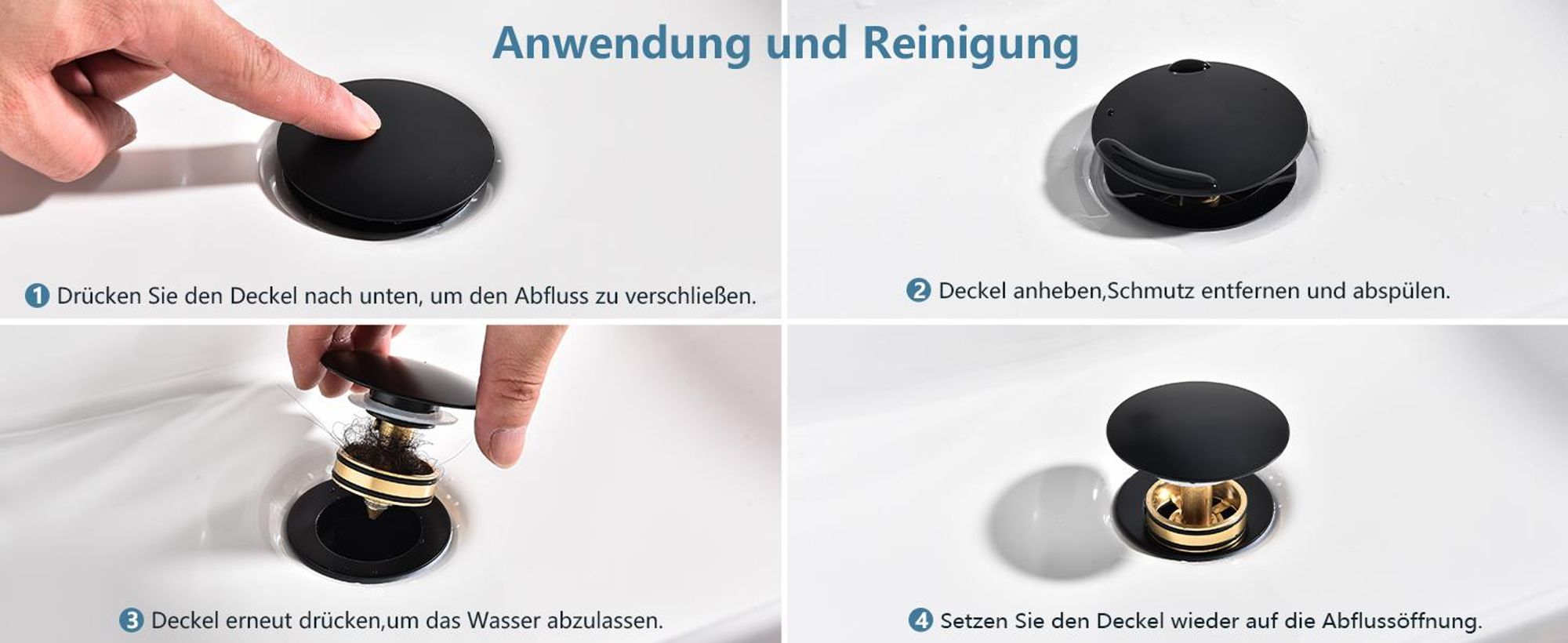 Homelody Wasserhahn Bad Schwarz +Universal Ablaufgarnitur Schwarz, Armatur Mischbatterie Waschbeckenarmatur mit Pop-Up Ventil Edelstahl Messing