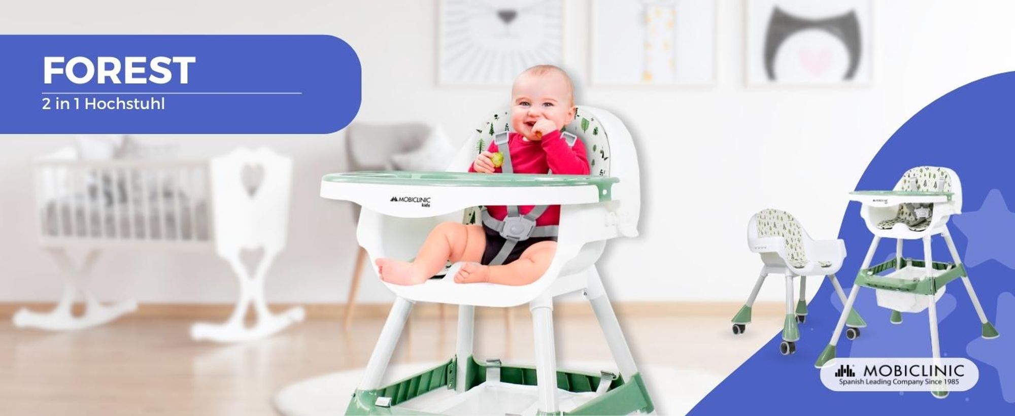Mobiclinic Kids, Evolutionärer Hochstuhl, 2 in 1, Höhenverstellbar, Doppeltablett, 6 Monate–6 Jahre, Forest, 5-Punkt-Sicherheitsgurt, abnehmbare Räder