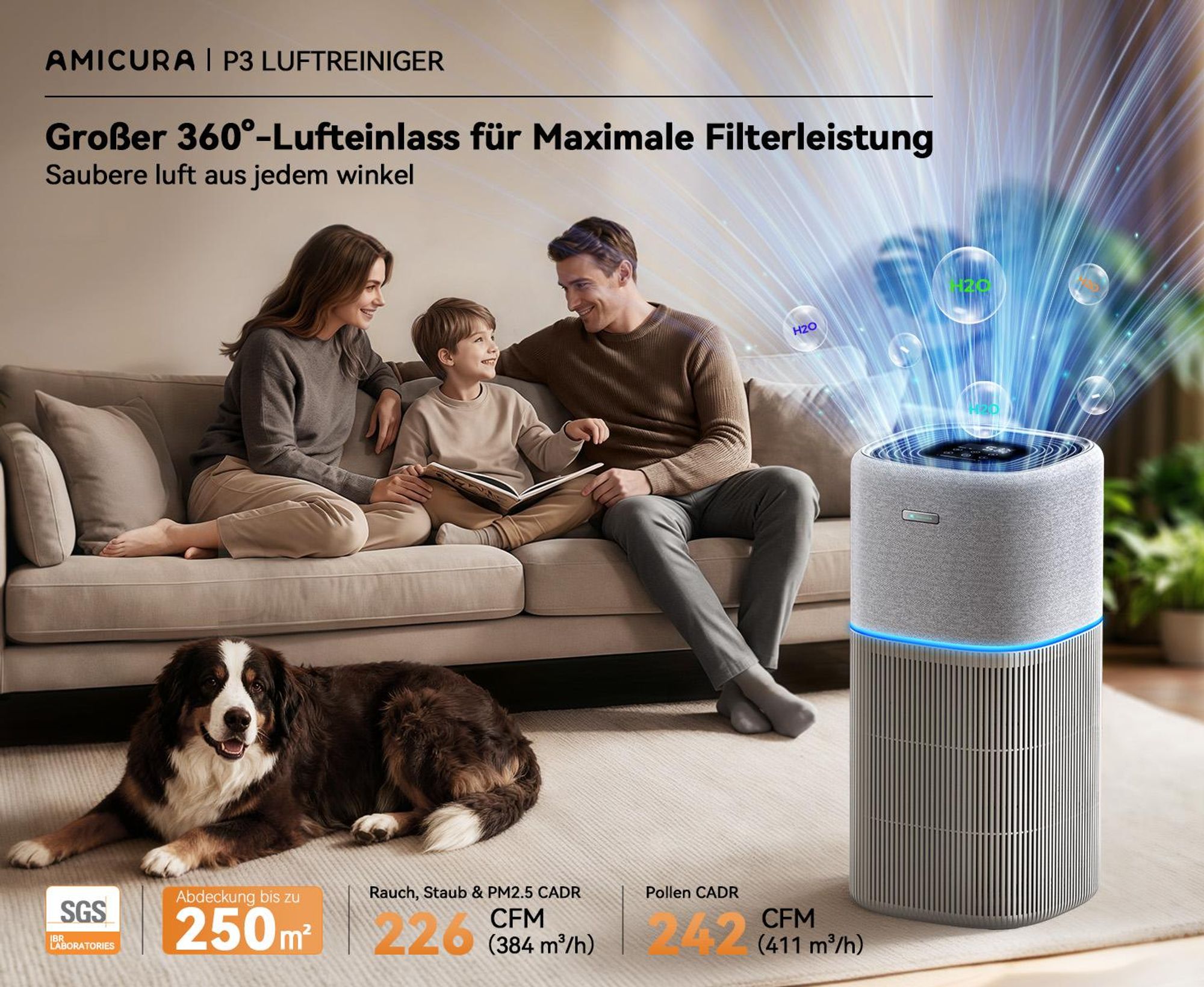 Amicura P3 Luftreiniger für Haustierallergiker, 843m³/h Tierhaarentfernung, 450 CADR - 99% Geruchsneutralisation, H13 Filter, App-Steuerung