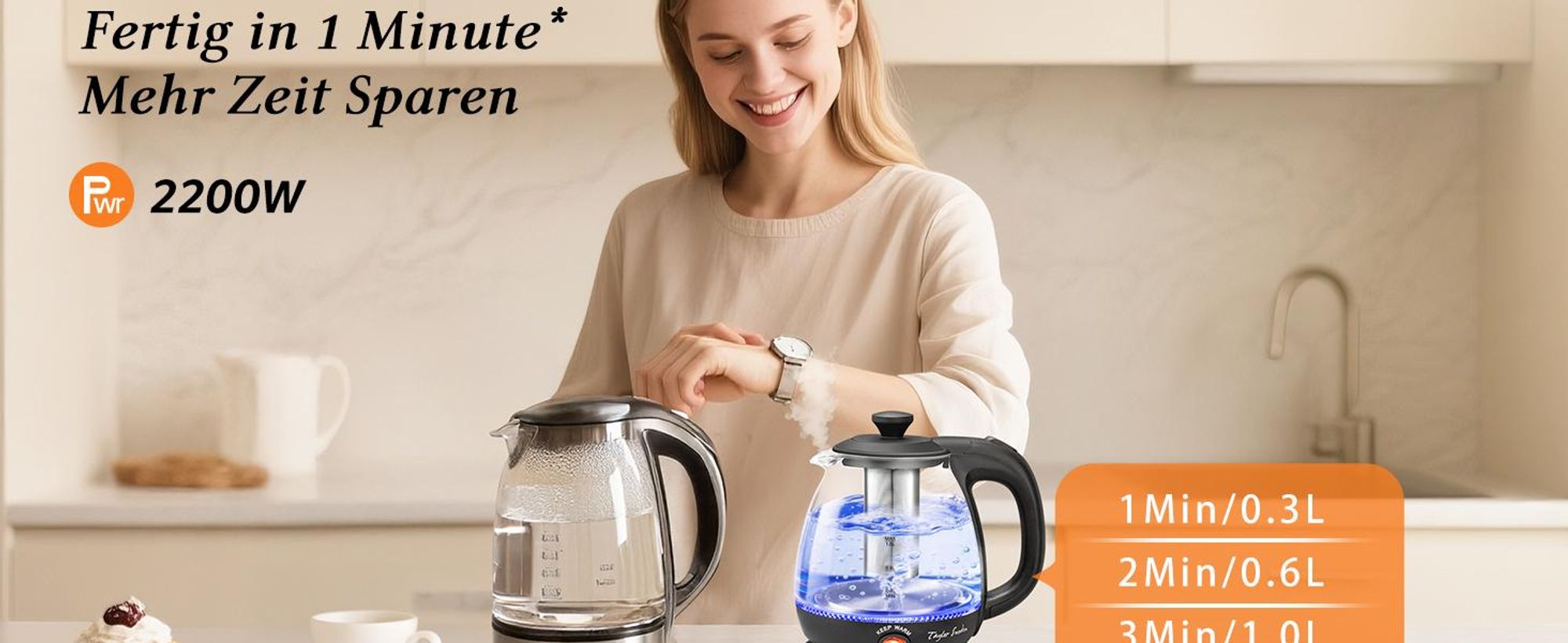 Taylor Swoden Wasserkocher Klein,1 Liter Wasserkocher Glas Led, 2200W Electric Kettle, Warmhaltefunktion
