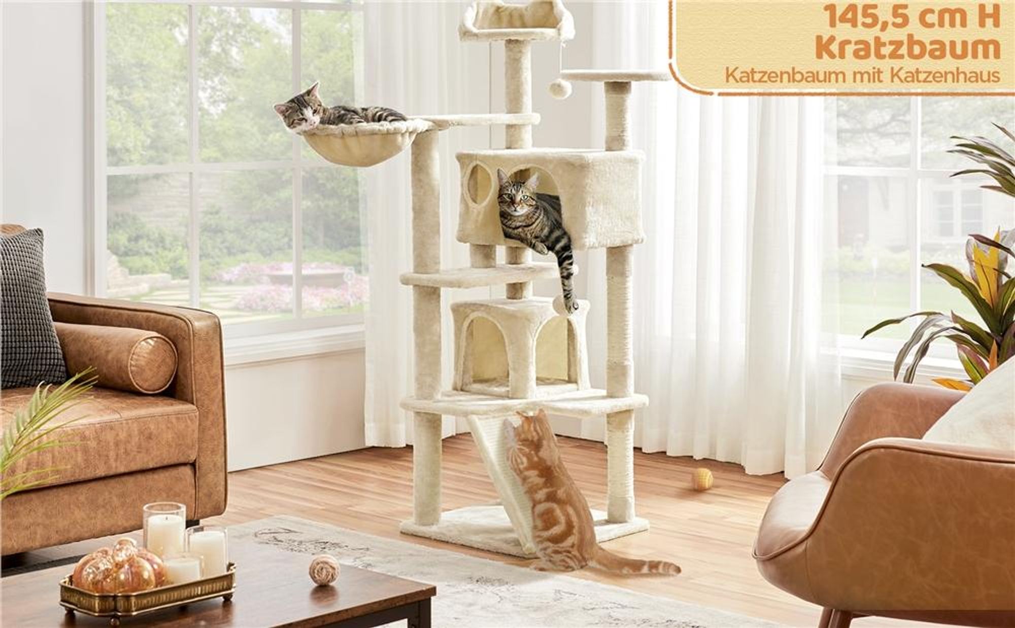 Yaheetech Kratzbaum 146 cm Katzenbaum mit 2 Katzenhöhlen & 3 Aussichtsplattformen, Beige
