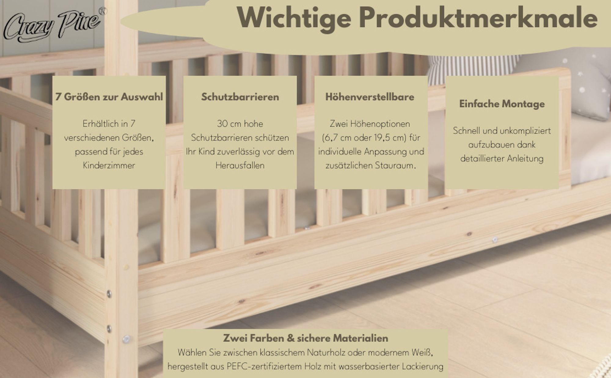 Crazy Pine Hausbett 80x160 cm – Kinderbett aus Naturholz – Montessori Bodenbett mit Höhenverstellbaren Beinen - Crazy Blanco