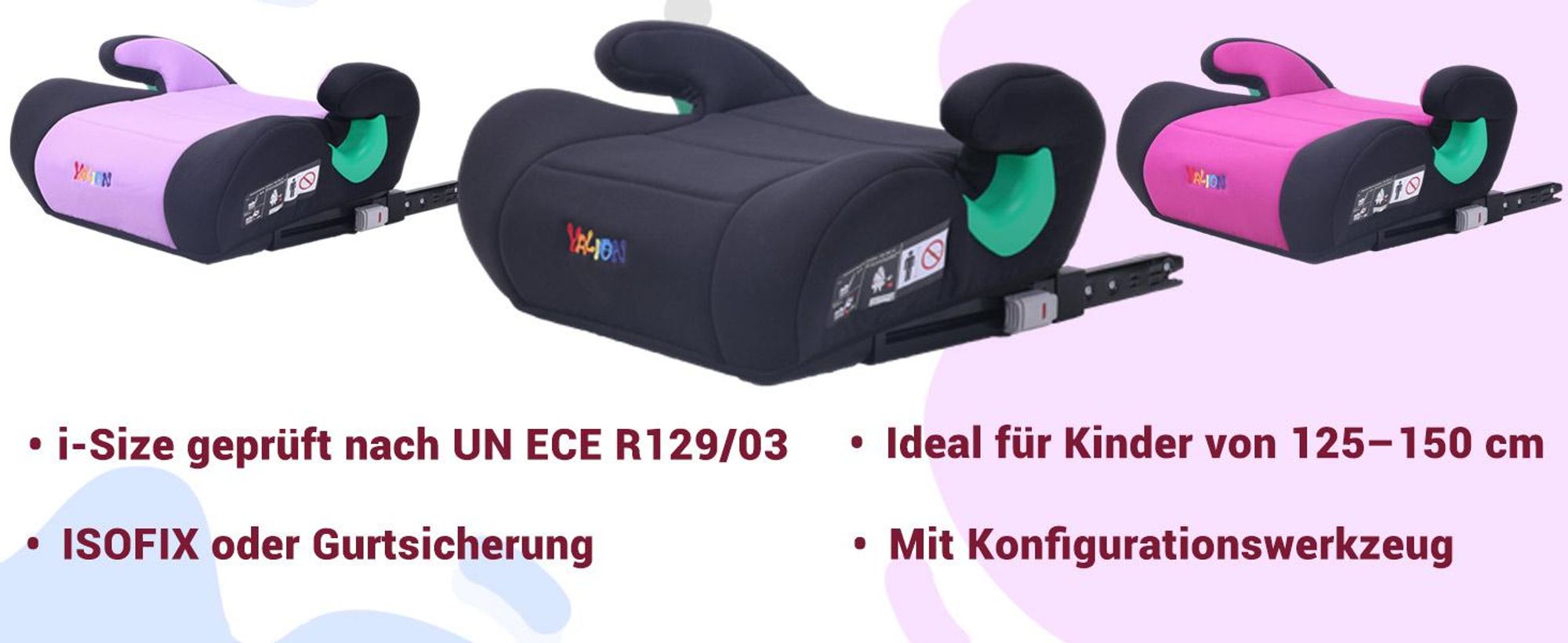 YALION Kindersitzerhöhung Booster Sitz, Sitzerhöhung Auto Kinder – Kinderautositz i-Size 125–150 cm (ca. 6–10 Jahre), ECE R129-Schwarz