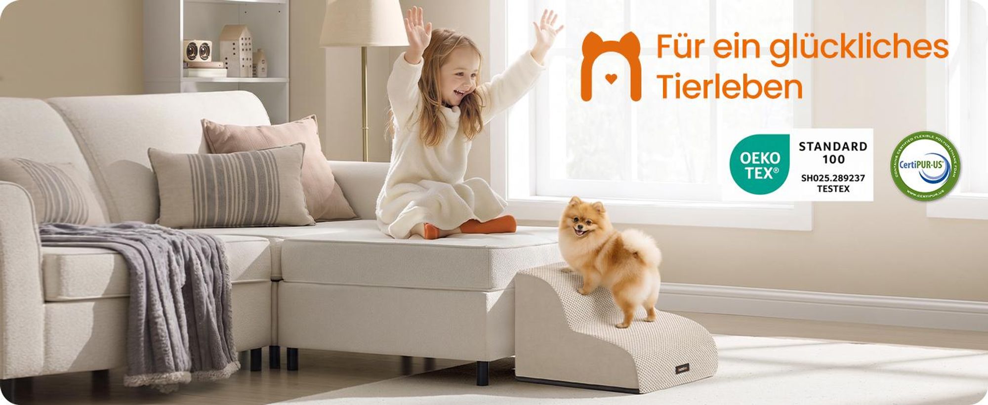 FEANDREA Hundetreppe für Kleine Hunde 2 Stufen Schaumstoff Hunderampe Rutschfest 40 x 40 x 30 cm Cremeweiß