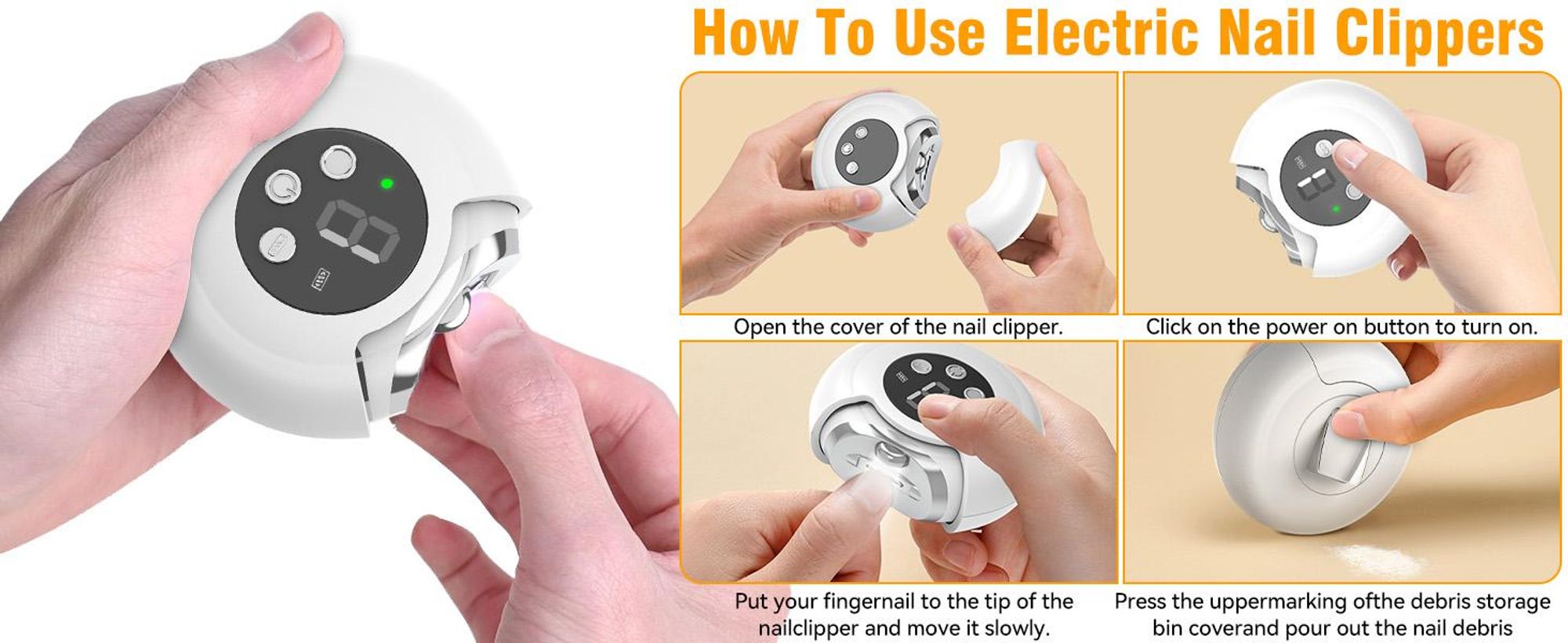 Elektrischer Nagelknipser, Nagelfeile, Nagelschneider, Zehennagelknipser, mit LED-Licht, 3 Geschwindigkeiten, für Kinder Erwachsene