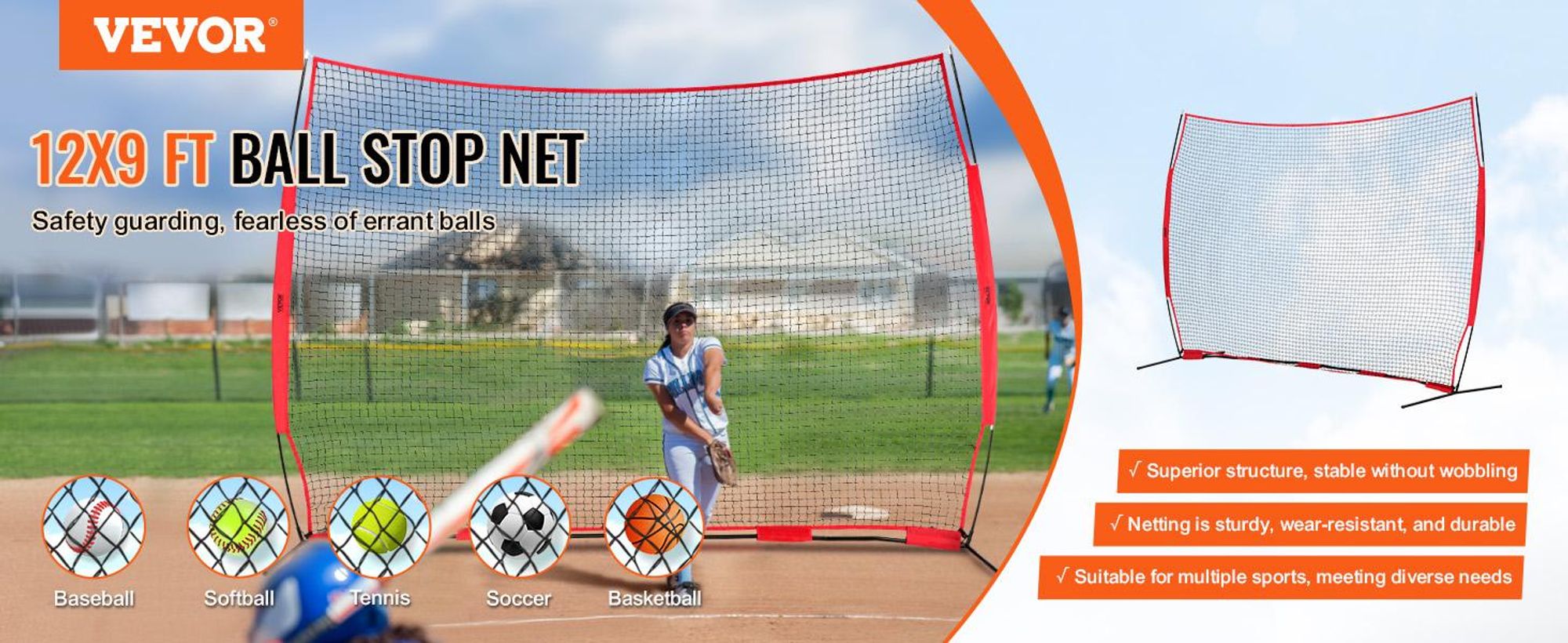 VEVOR Barricade Backstop Netz, 7x7 ft Ball Sport Barriere Netz, Tragbare Übungsgeräte mit Tragetasche, Schutzschirm für Baseball Softball Lacrosse Fußball Hockey Training, für den Garten
