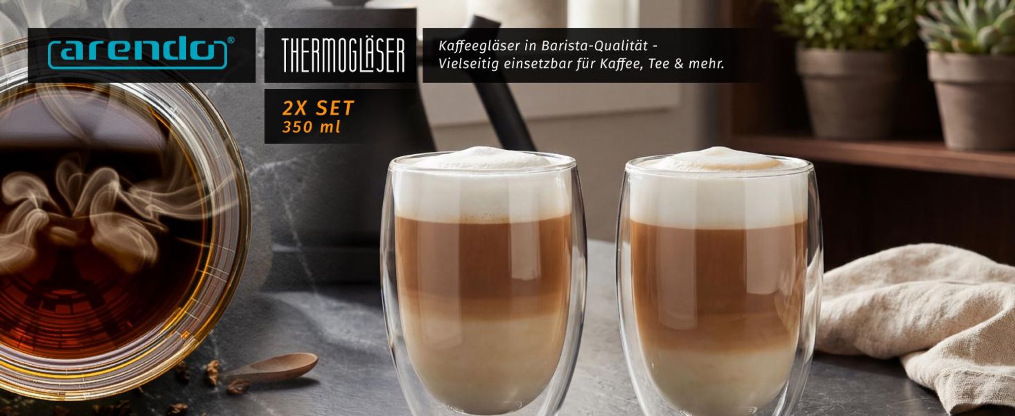 Arendo doppelwandige Gläser, Thermogläser, 2er Set, hitzebeständige Latte Macchiato-Gläser & Kaffeegläser Teeglas, Espresso, Cappuccino, 350ml