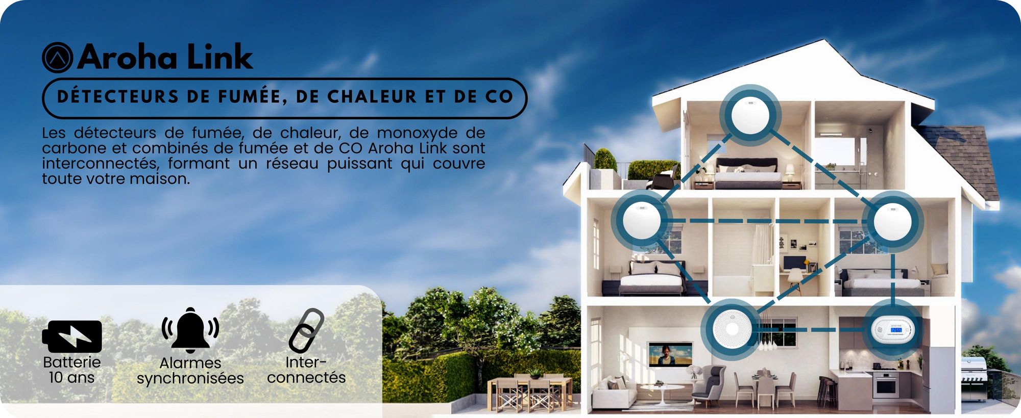 Aroha Link Détecteur de Fumée Interconnecté - Batterie de 10 Ans - Alarme Incendie Connecté - 3 pièces