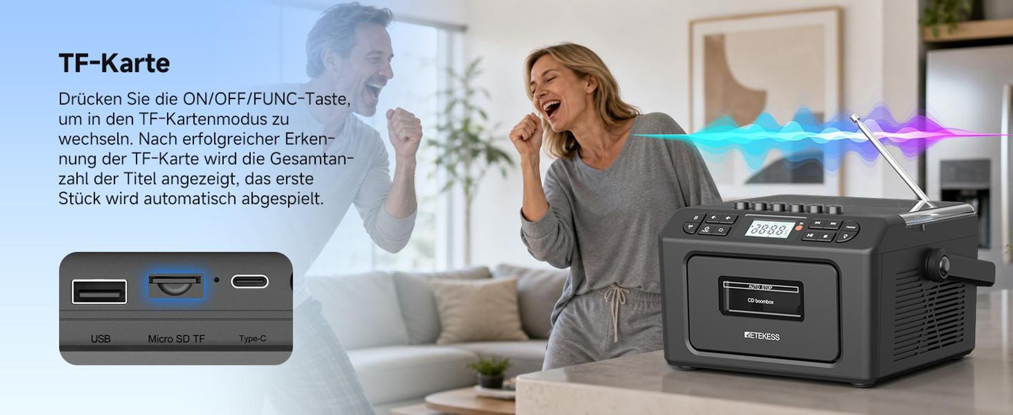 Retekess TR642 CD Player mit Kassette,3W Lautsprecher,Stereo, Bluetooth,AM/FM-Radio,AUX,5000mAh Akku,Boombox Kassettenspieler für Kinder Erwachsene