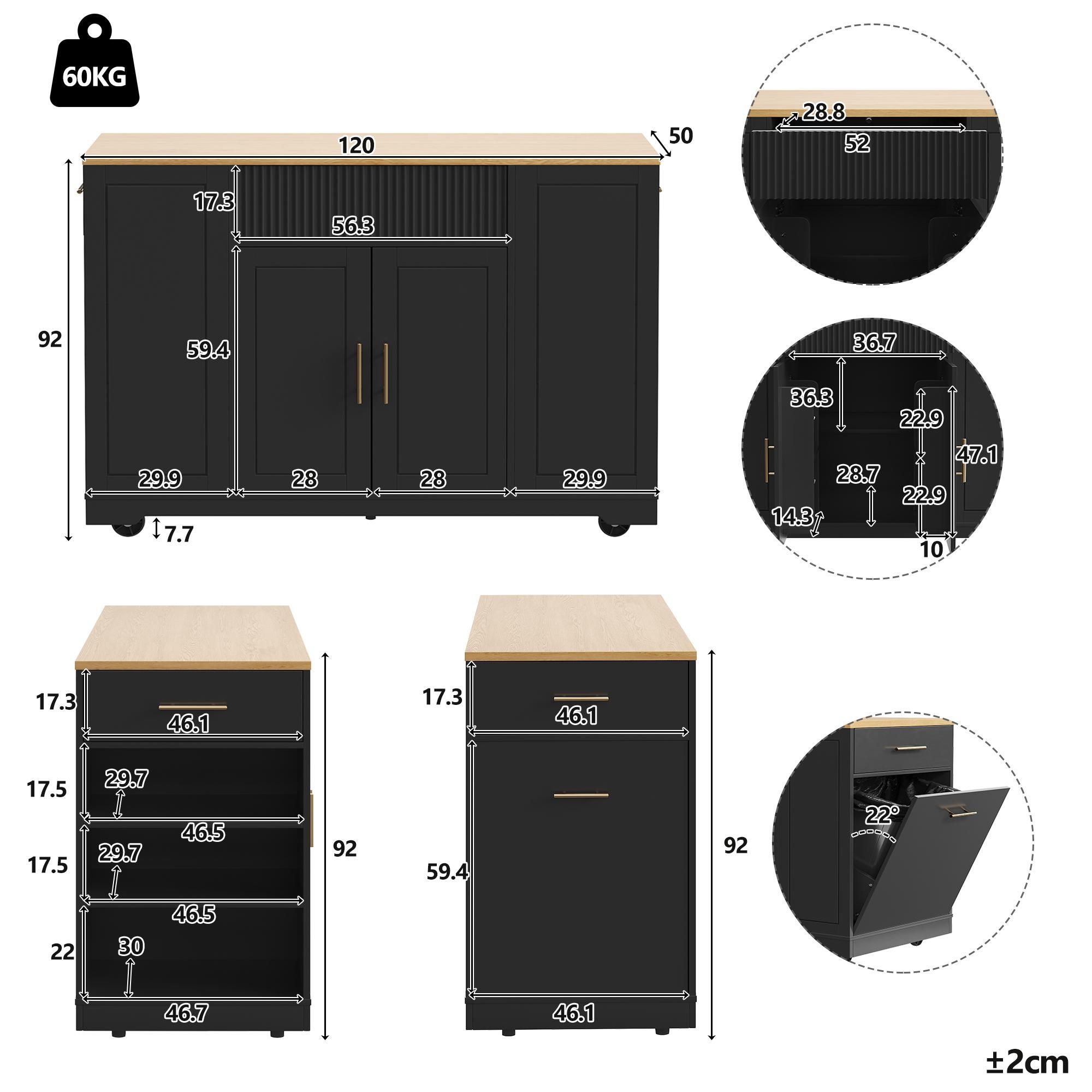 Flieks Servierwagen Kücheninsel mit Abfallbehälterfach, Küchenschrank Speisewagen mit 3 Schubladen und 2 Türen, 120 x 50 x 92 cm, Schwarz
