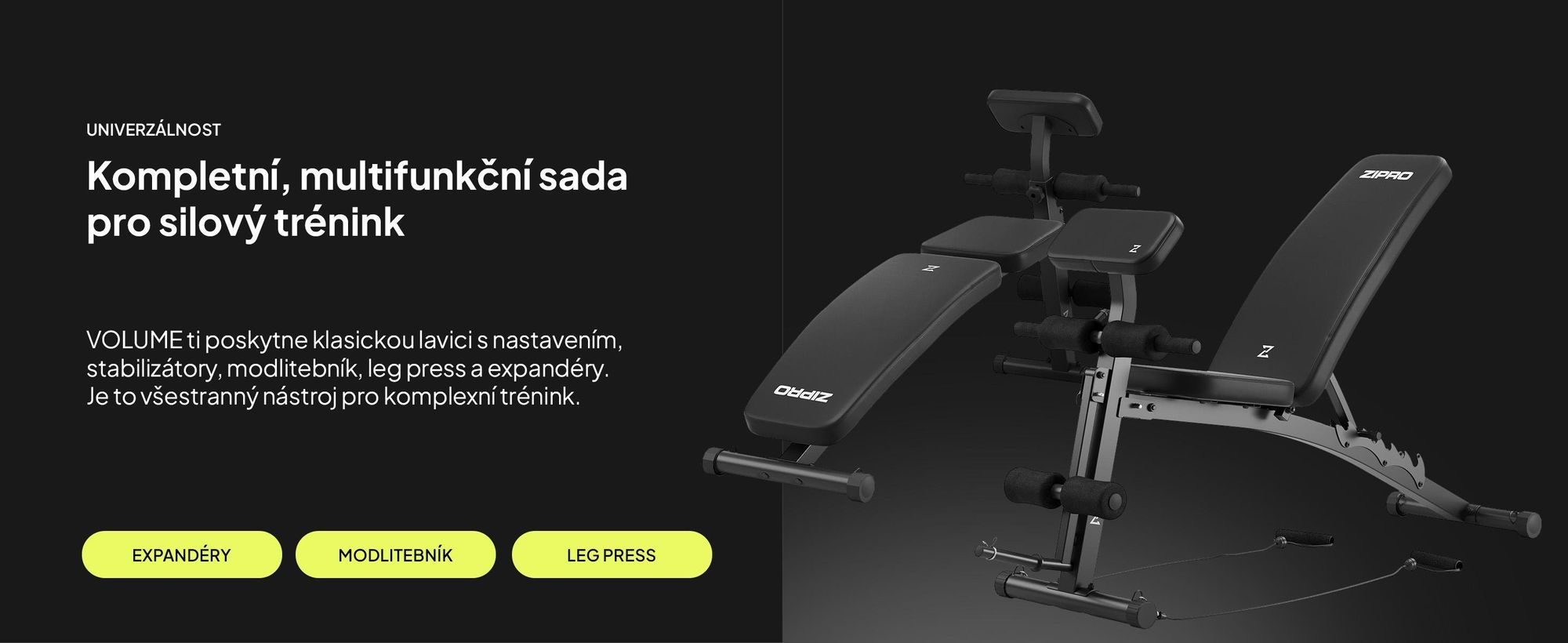Multifunkční tréninková lavice Zipro Volume s posilovačem nohou a bicepsovými svaly pro trénink celého těla, nastavitelná lavice, černá, nosnost 230 kg