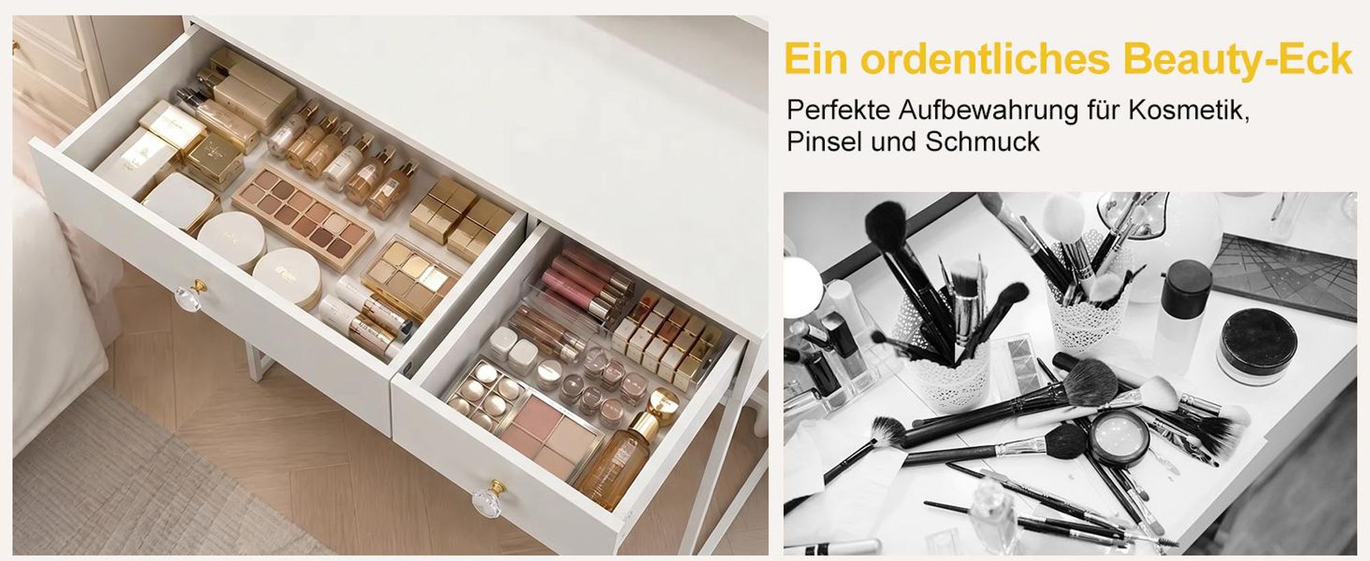 Schminktisch mit LED Beleuchtung und Hocker mit Steckdose modern weiß mit LED Spiegel 3 Lichtfarben dimmbar 2 Schubladen Metallrahmen 80 x 40 x 140 cm