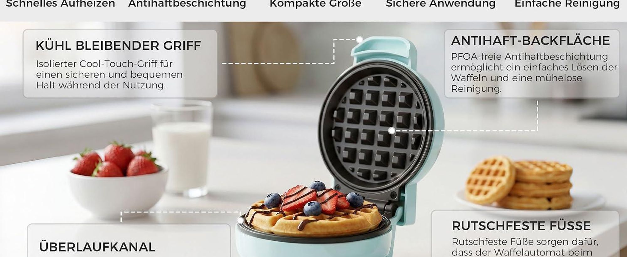 YASHE Mini-Waffeleisen ABW59C, 550 W, 10 cm, Antihaft, Kontrollleuchte, Blau