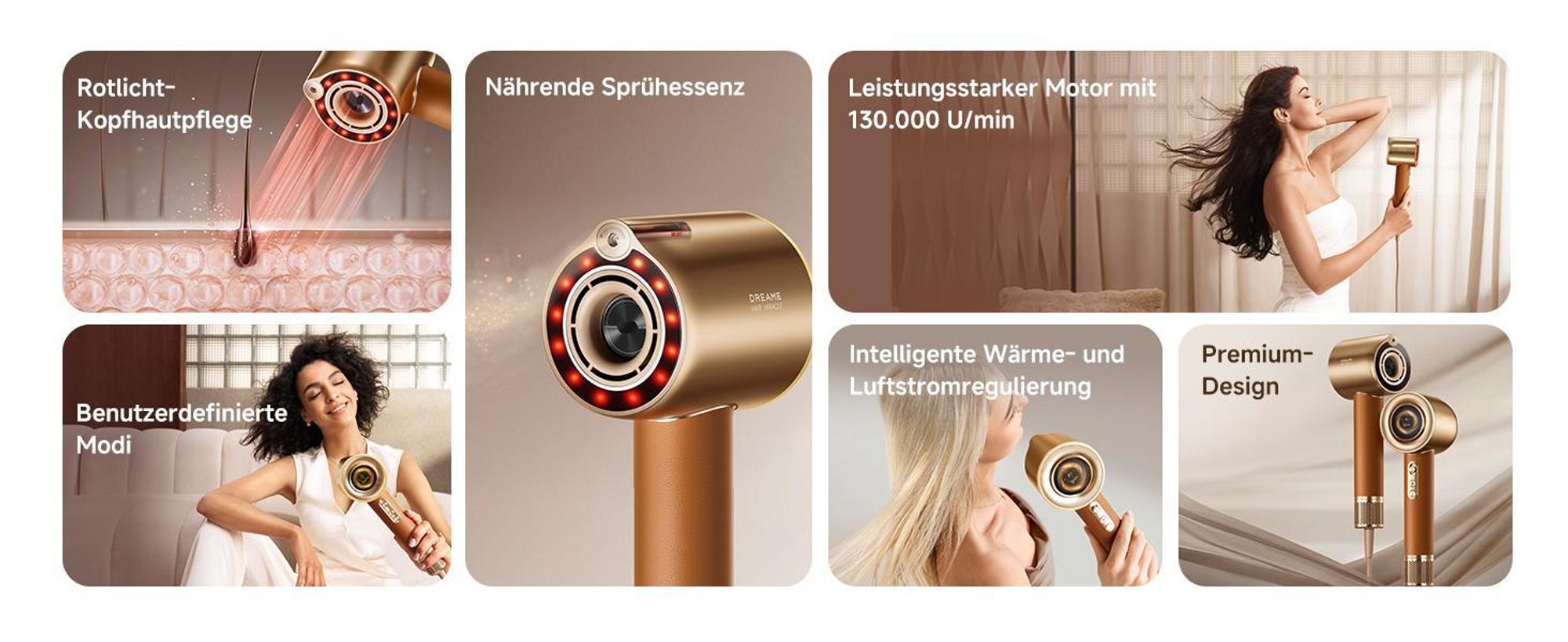 Dreame Miracle Pro Haartrockner,Rotlicht-Kopfhautpflege,Haarpflege mit negativen Ionen,130K U/min,4 Temperaturstufen,2 Gebläsestufen,Ledergriff,Gold
